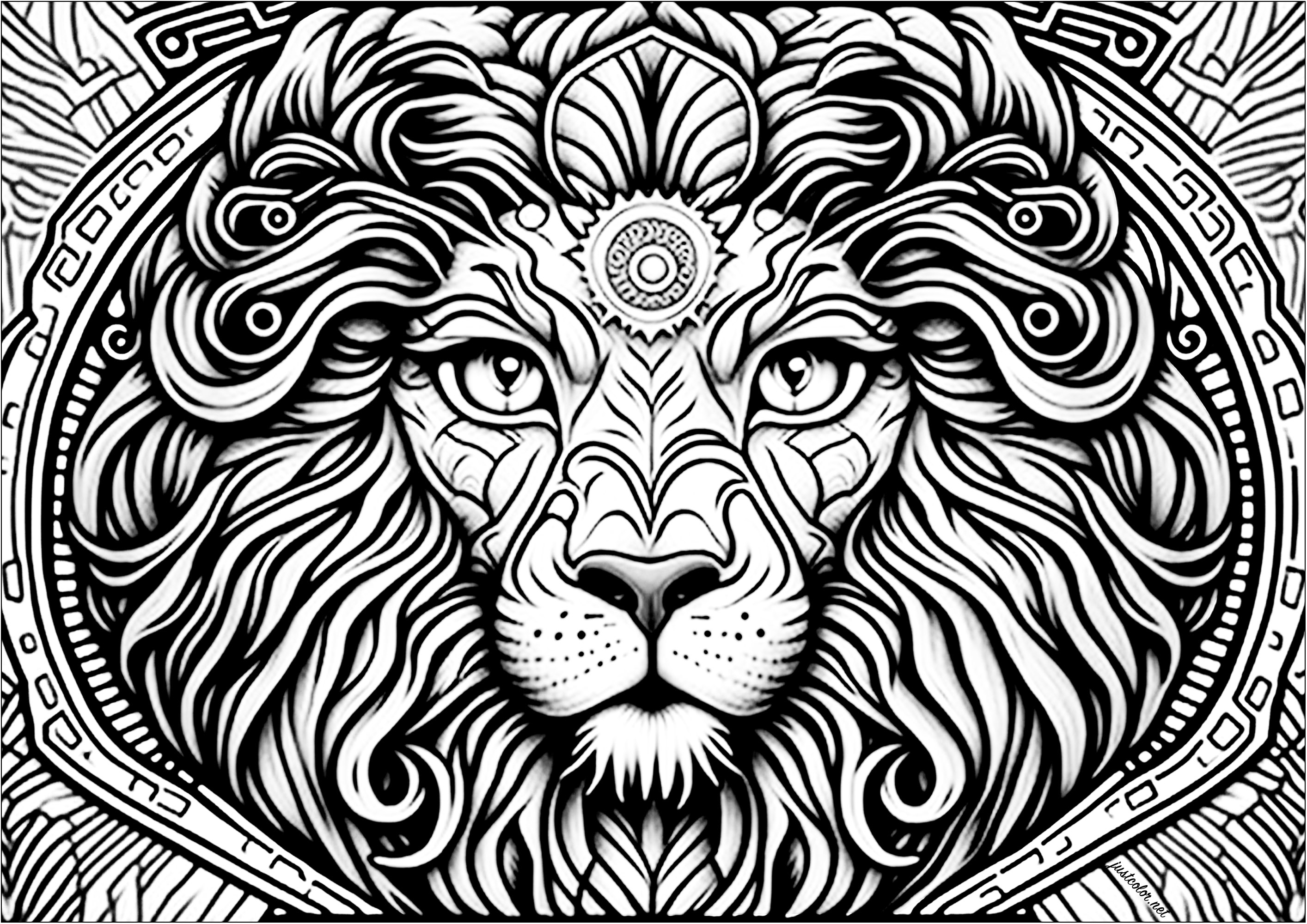 Tête de lion vue de face, avec nombreux détails. Ce magnifique coloriage représente une tête de lion vue de face, avec de nombreux détails.Les yeux sont grands ouverts et le regard est perçant. La crinière est fournie et ondulée, et se fond avec les détails abstraits de l'arrière plan.