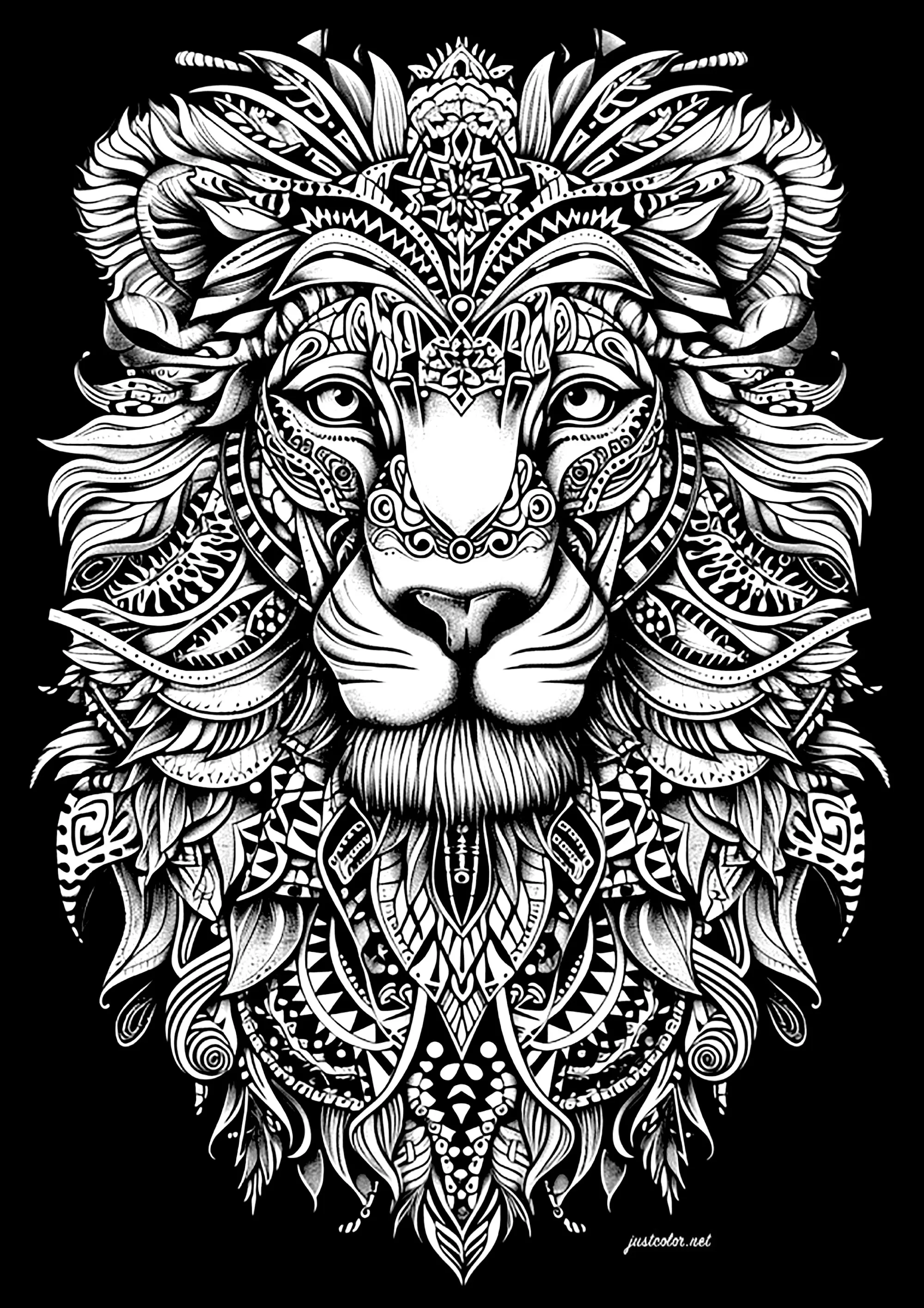 Tête de lion majestueuse sur fond noir (Coloriage à imprimer pour adultes)