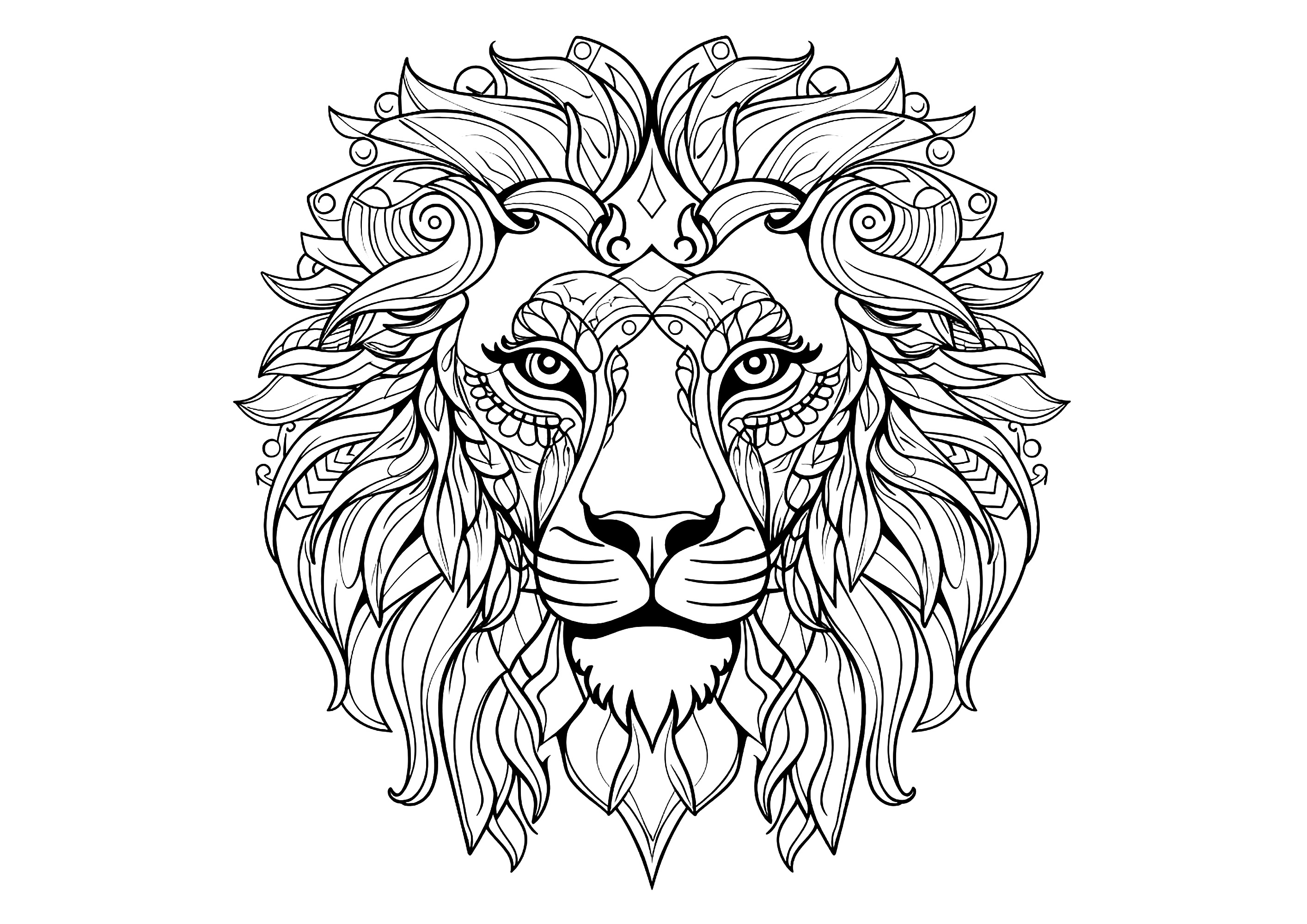 Tête de lion et beaux motifs - Coloriages de Lions à imprimer pour adultes