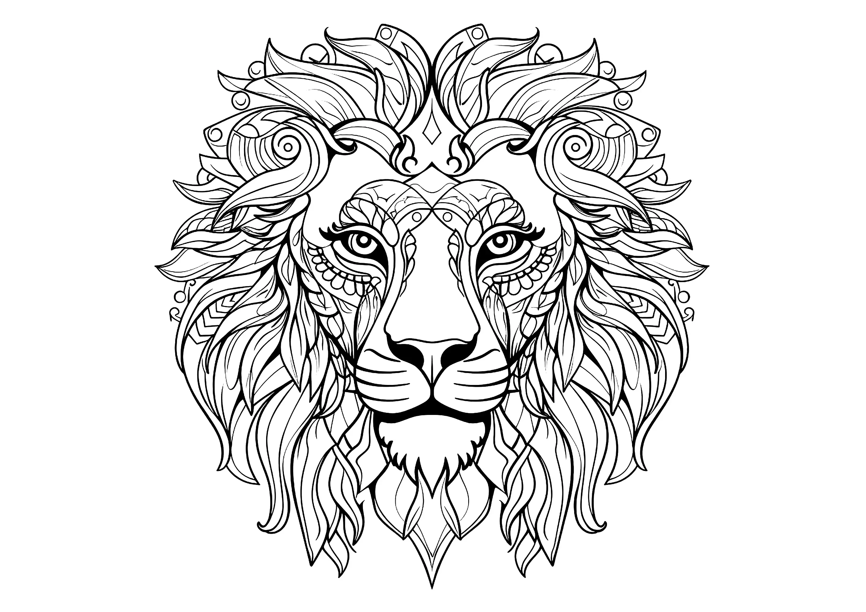 Tête de lion et beaux motifs (Coloriage à imprimer pour adultes)