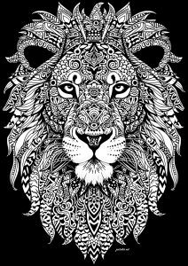 Coloriage de à imprimer pour adultes : Incroyable tête de lion aux motifs minutieux, avec fond noir