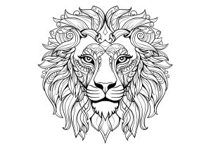 Coloriage de à imprimer pour adultes : Tête de lion et beaux motifs