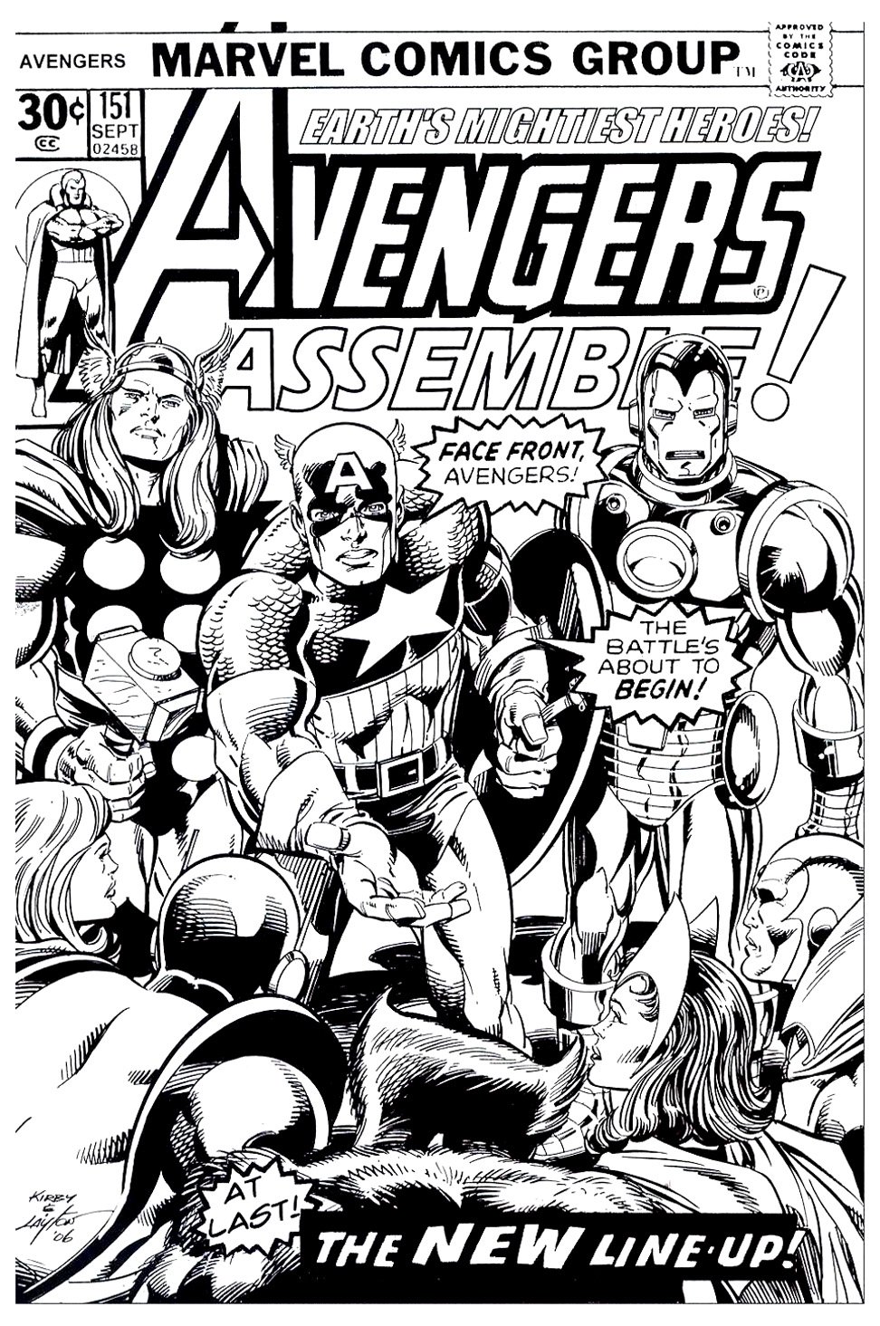 Une couverture d'un Comics de Marvel en noir et blanc, avec les Avengers au grand complet. En très bonne qualité, à imprimer !