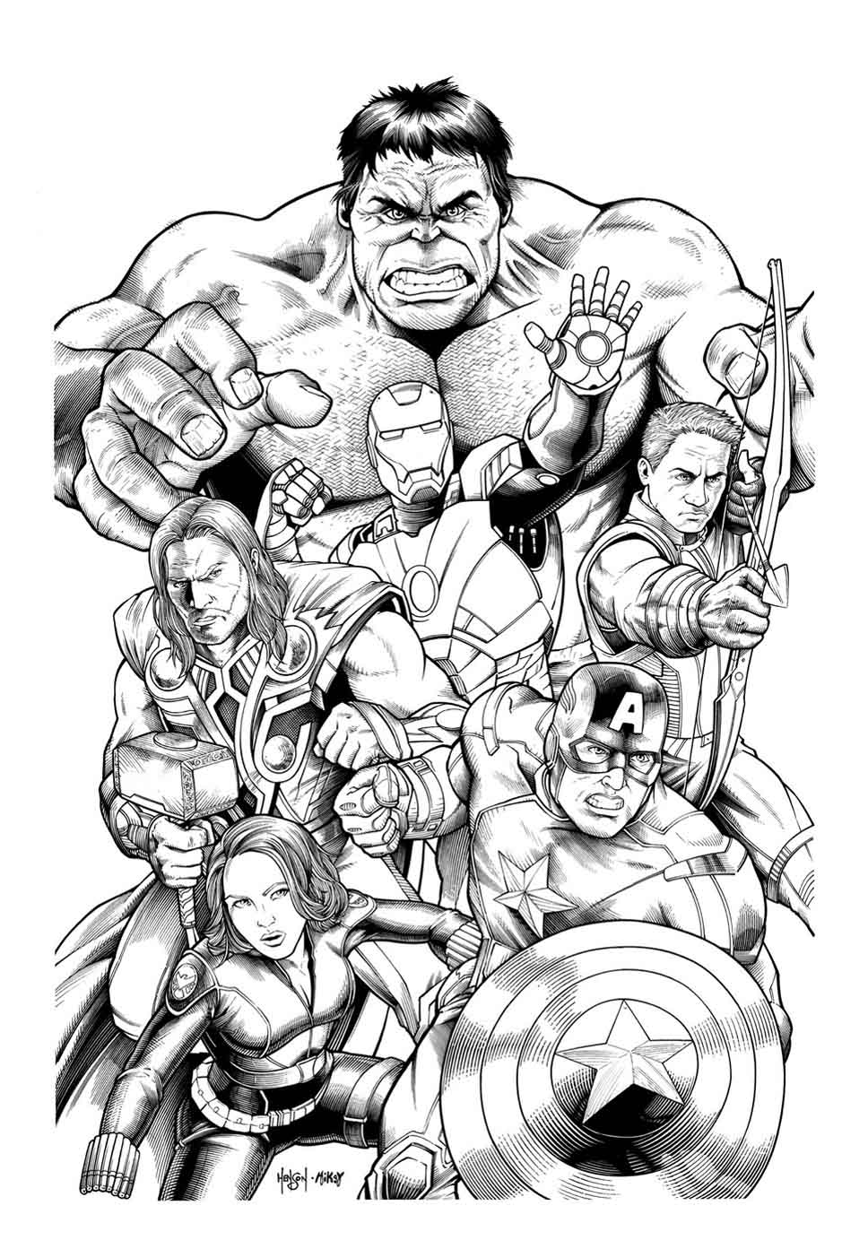 Coloriage Avengers difficile à imprimer et colorier : Hulk avec Iron Man, Thor, Captain America, la Veuve Noire