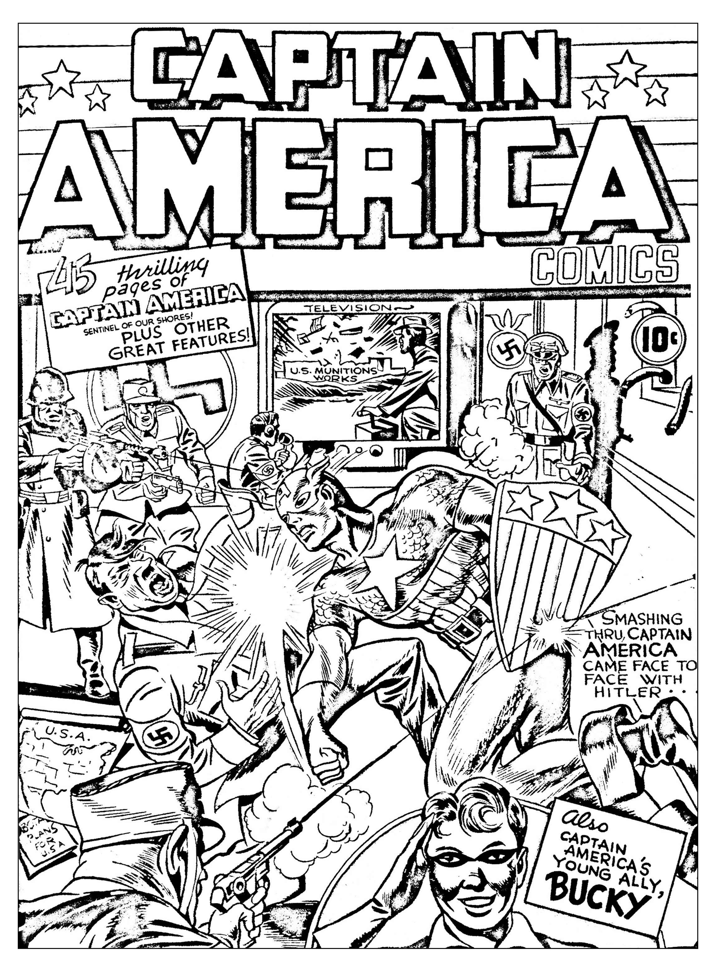 Coloriage créé à partir d'une couverture originale de Captain America (Source : Jack Kirby, King of comics)