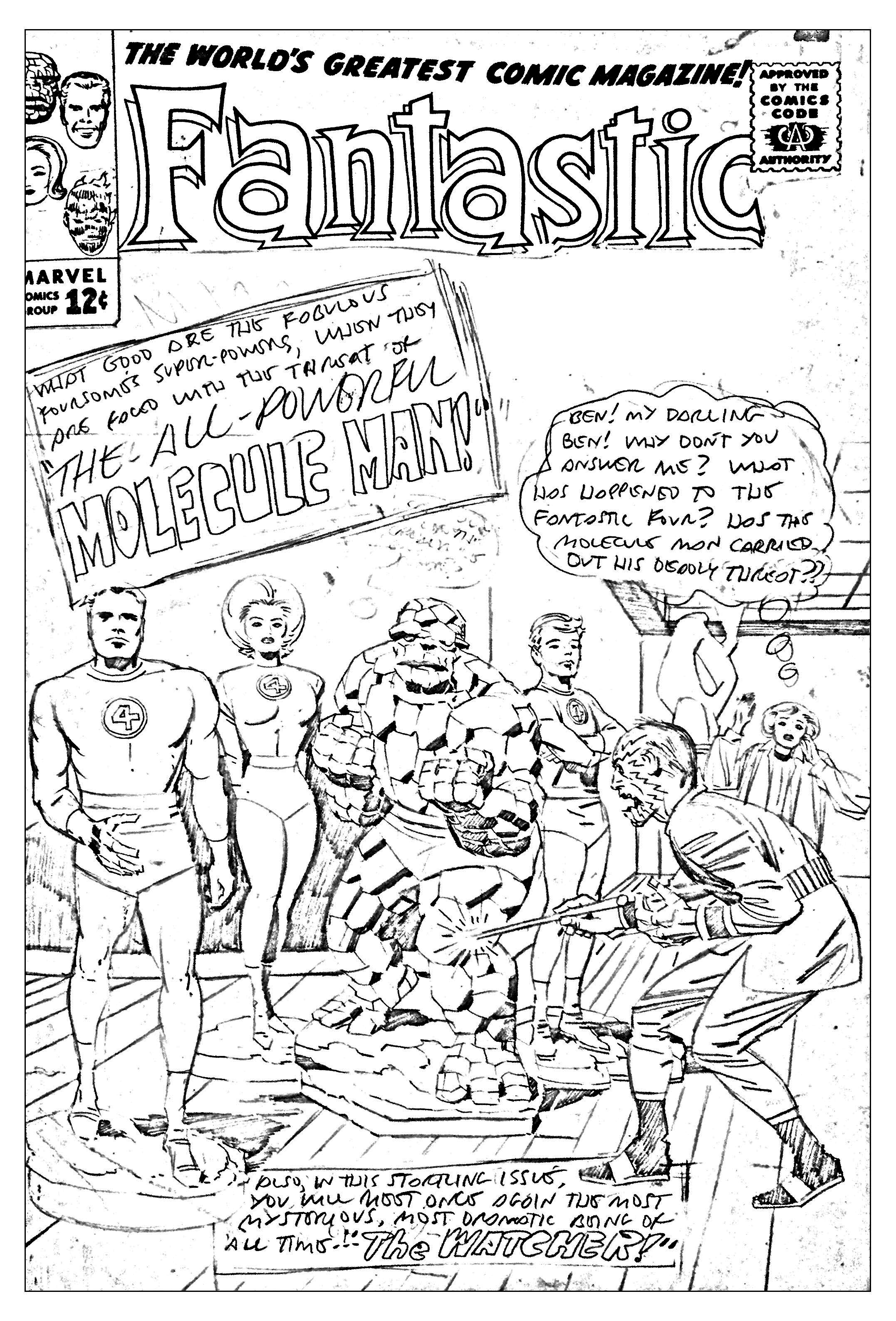 Coloriage créé à partir d'une couverture inétide et inachevée réalisée pour les Quatre Fantastiques en 1963 (Source : Jack Kirby, King of comics)