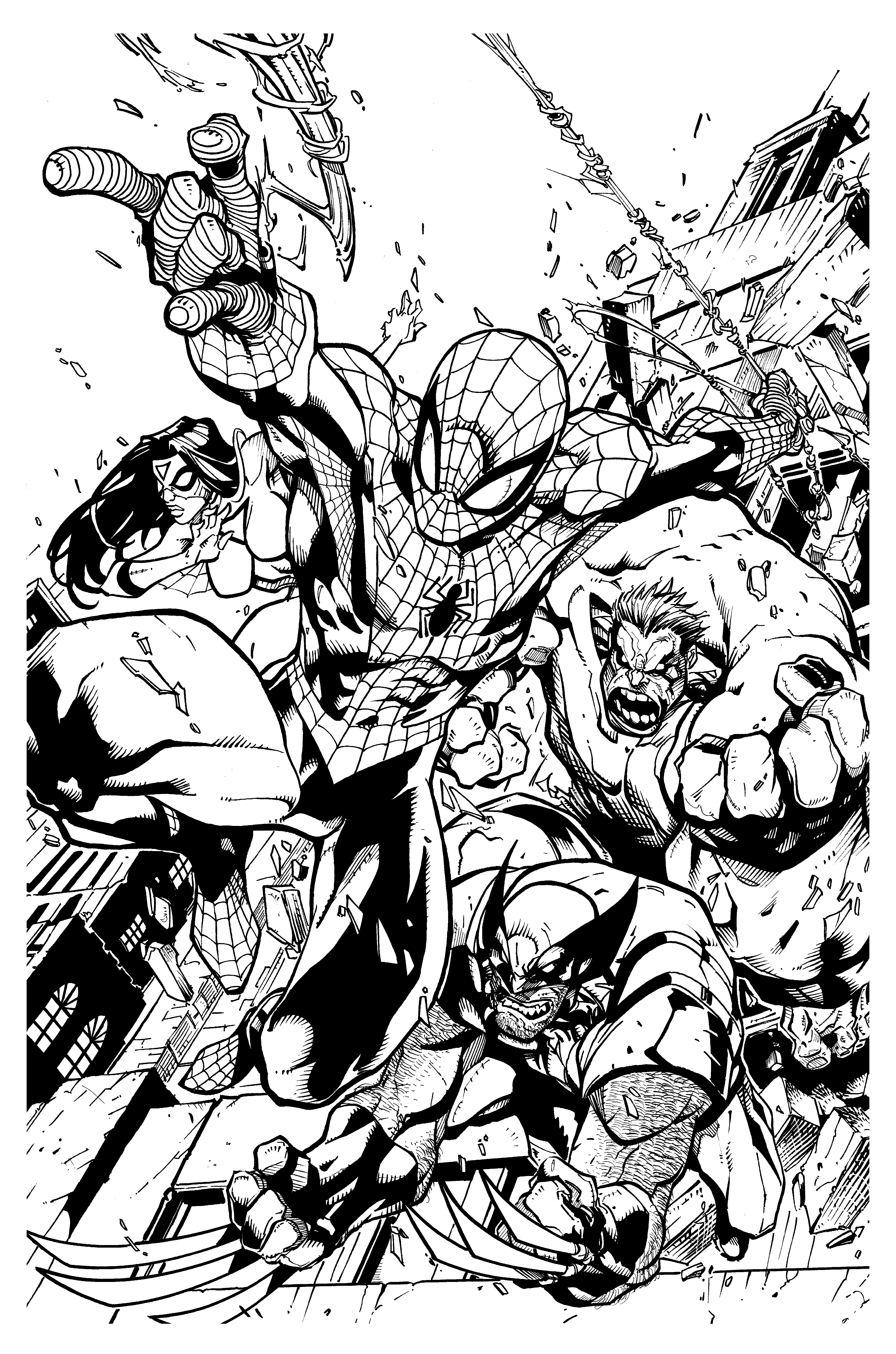 Un coloriage adulte avec Spiderman, Wolverine et Hulk !