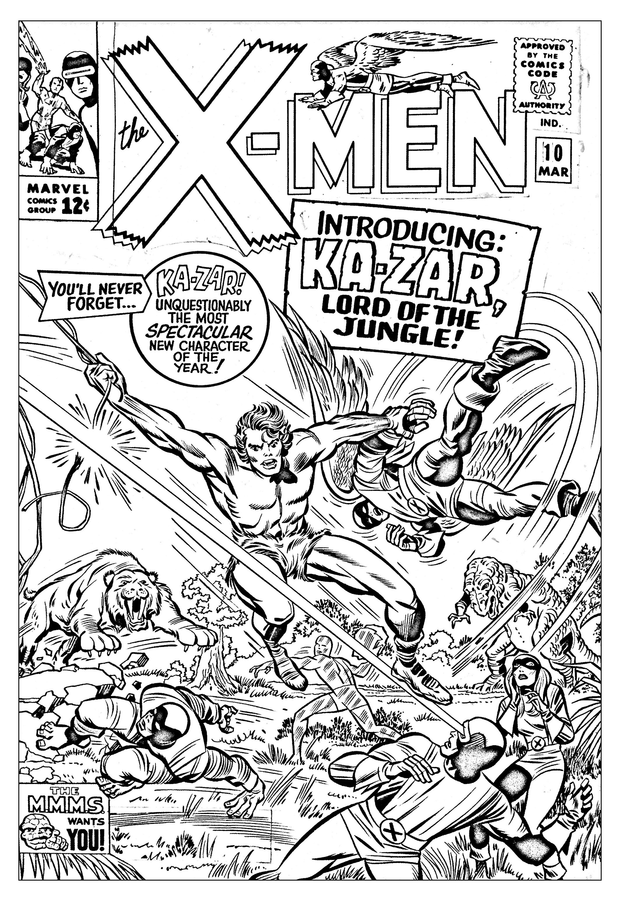 Coloriage créé à partir d'une couverture inédite de 1965 du Comic Book X-Men (Source : Jack Kirby, King of comics)