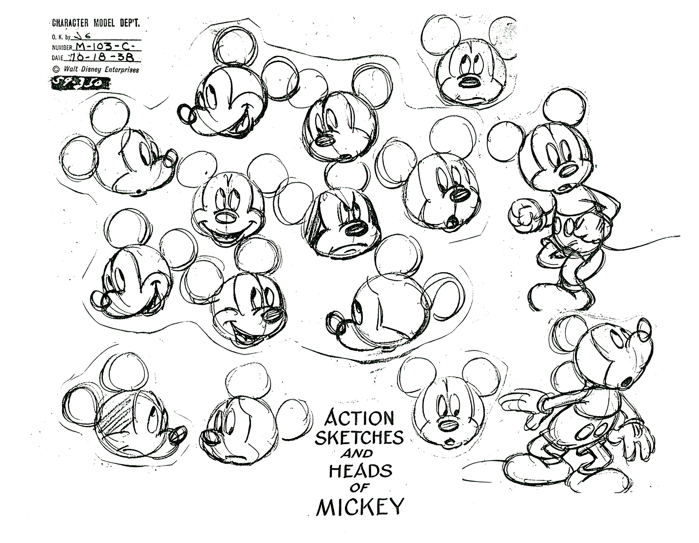 Planche originale de Disney avec différentes expressions faciales de Mickey Mouse, que vous pouvez mettre à couleur comme vous le souhaitez !