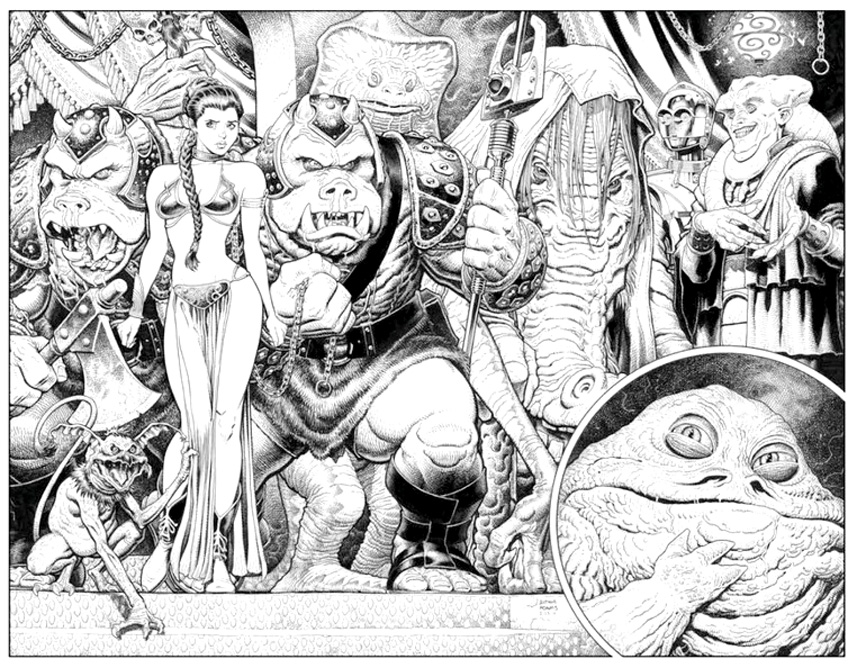 Coloriage adulte Star Wars, tirée du Retour du Jedi, avec l'horrible Jabba the hut et son éphémère prisonnière la Princesse Leia. Ce coloriage adulte Star Wars est tiré du Retour du Jedi. Il met en scène l'horrible Jabba the Hut et sa prisonnière éphémère, la Princesse Leia. C'est une image très complexe et détaillée, qui fera le bonheur des fans de Star Wars.