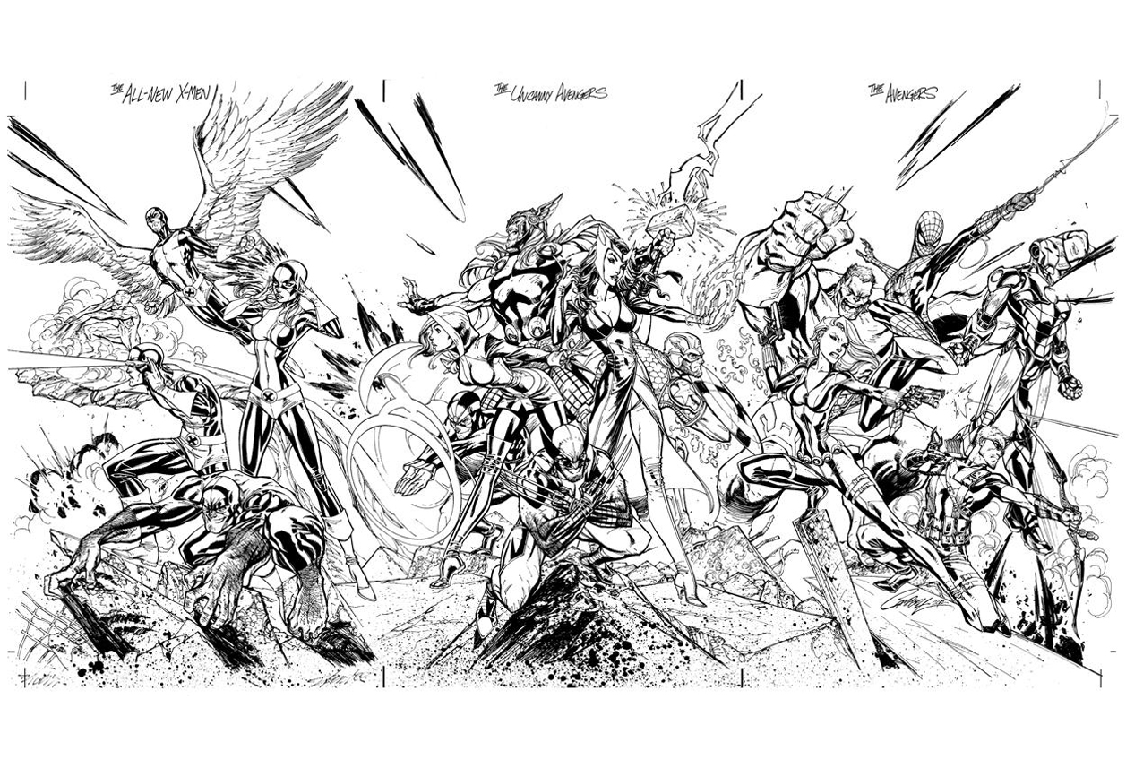 Dessin original noir et blanc à imprimer et colorier réunissant les héros des Xmen et des Avengers, dans une scène d'action épique