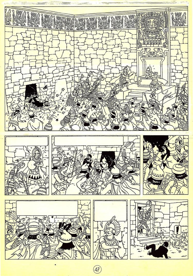 Planche noir & blanc dessinée par Hergé pour l'album Tintin et le temple du soleil (1949)