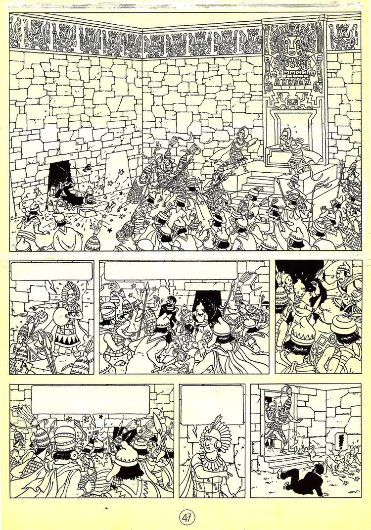Tintin planche le temple du soleil (Coloriage de Livres et Comics à imprimer pour adultes)