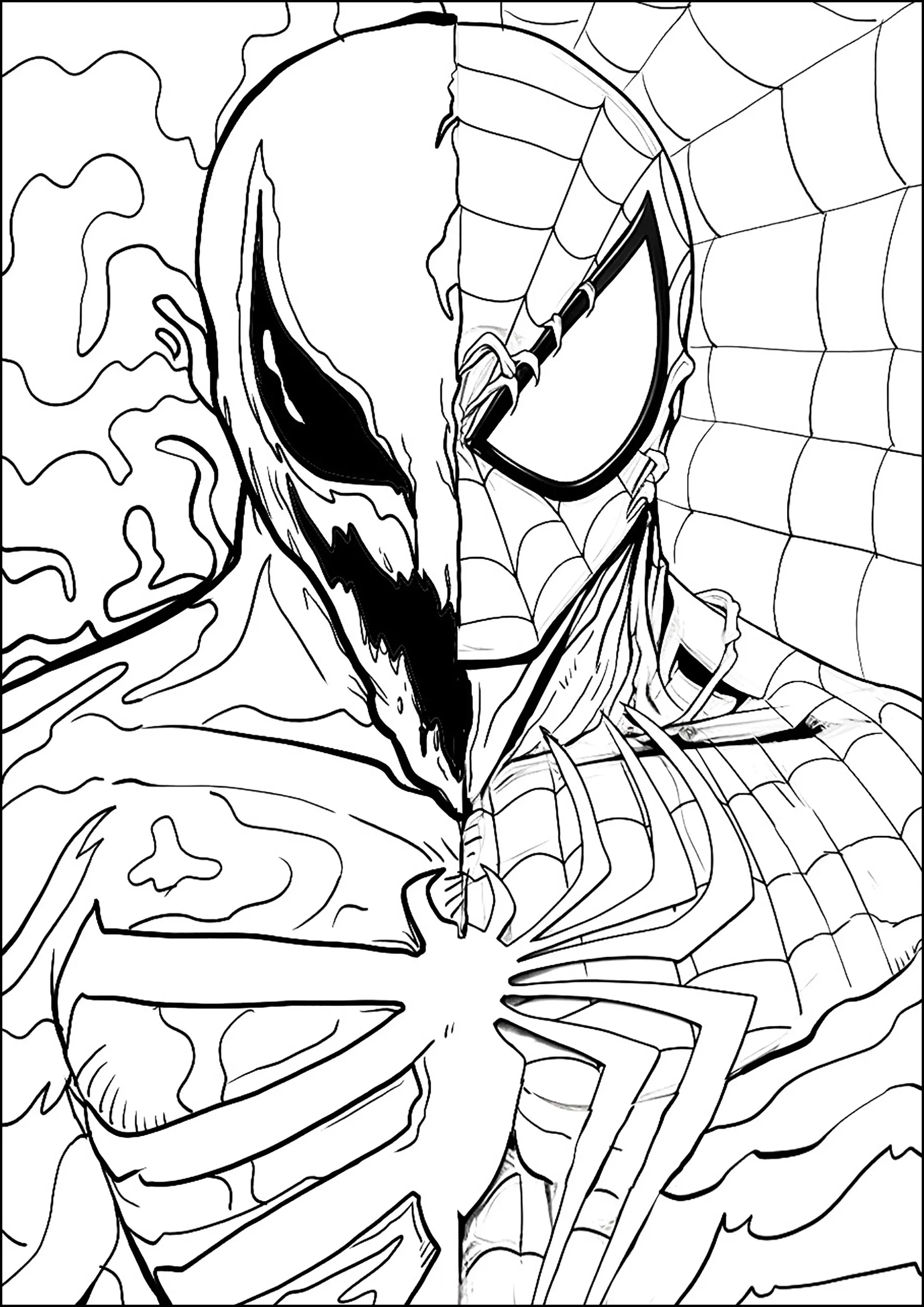 Dessin mêlant Venom et Spider-Man (Coloriage de Livres et Comics à imprimer pour adultes)