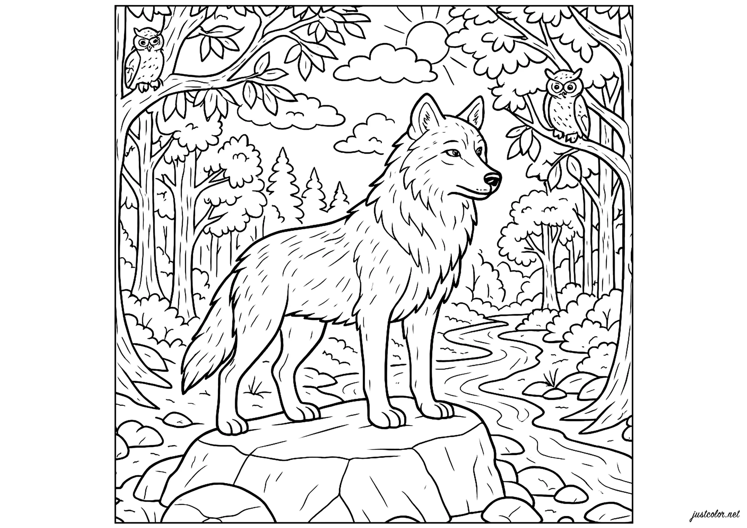 Le Gardien Silencieux (Coloriage de Loups à imprimer pour adultes)
