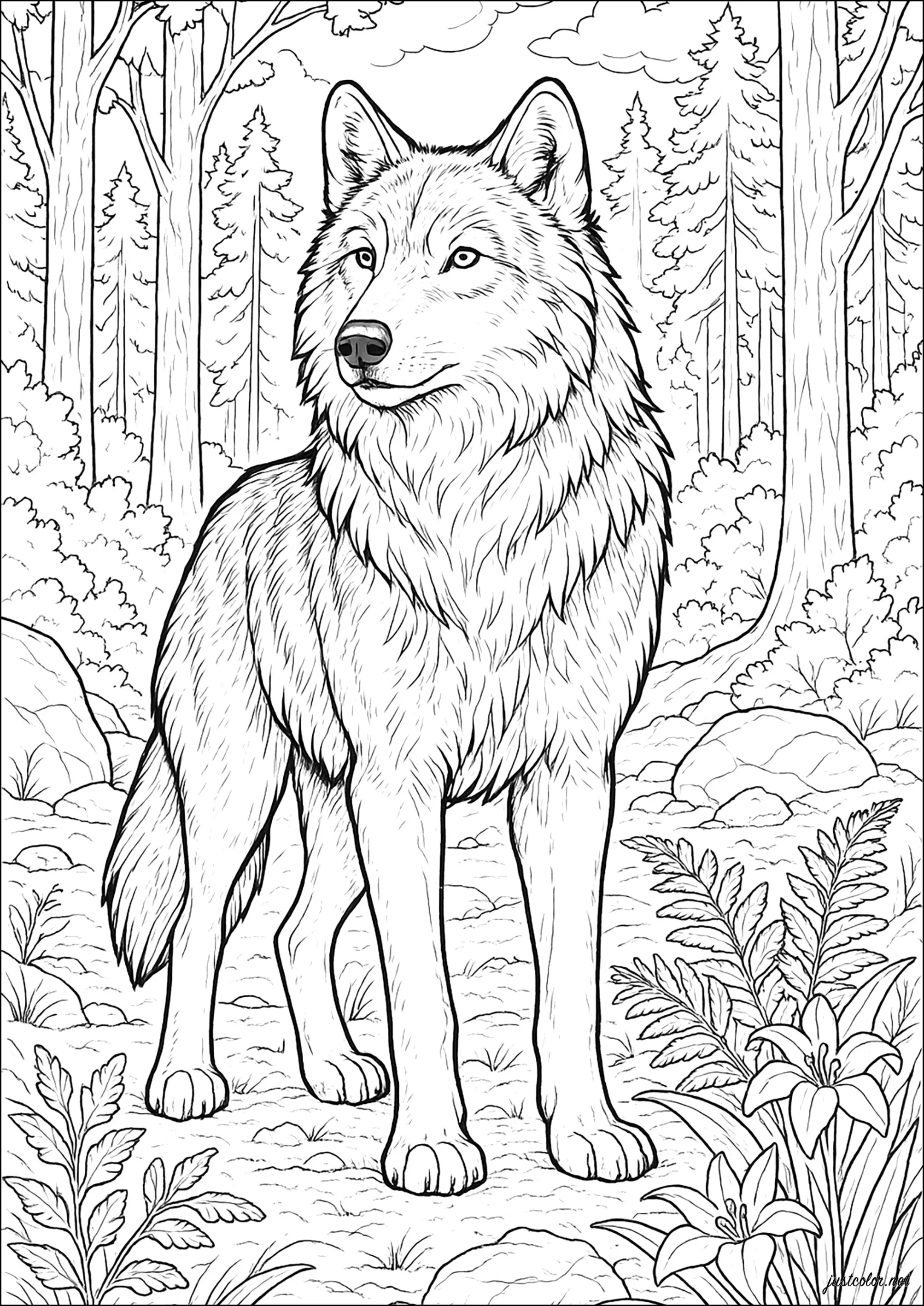 Loup, gardien des forêts (Coloriage à imprimer pour adultes)