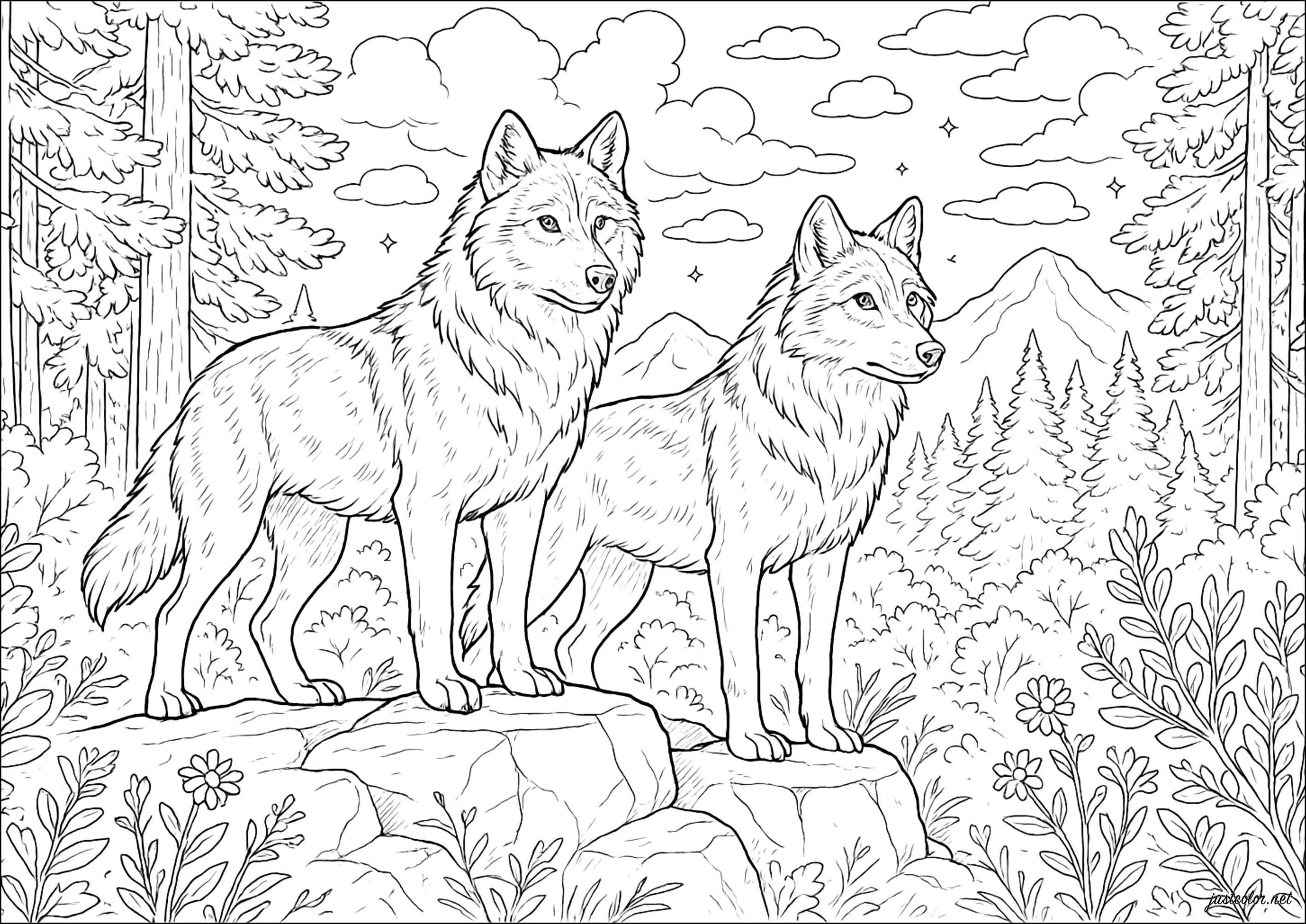 Loups majestueux dans la forêt (Coloriage à imprimer pour adultes)