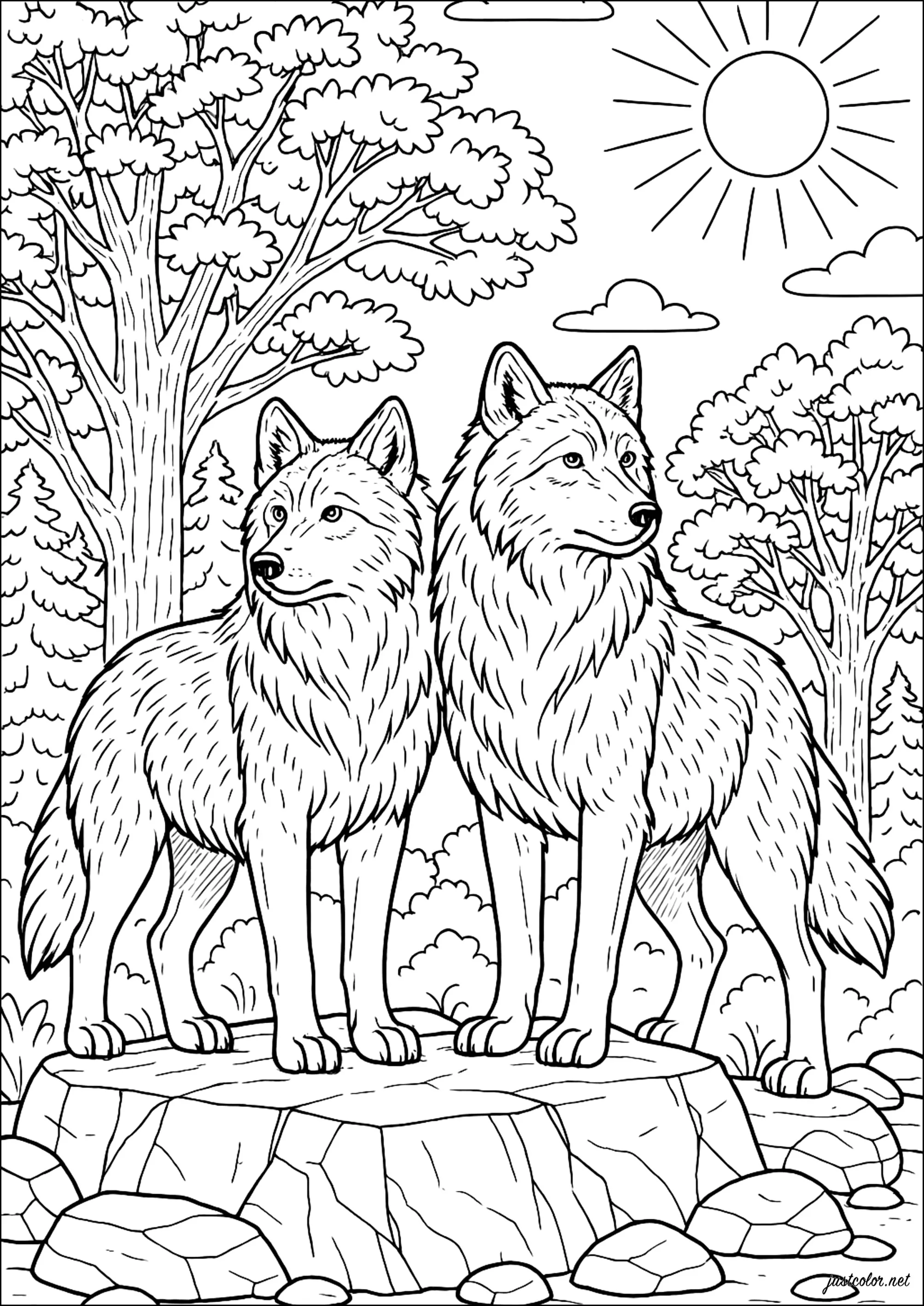 Duo de loups sur leur promontoire (Coloriage à imprimer pour adultes)