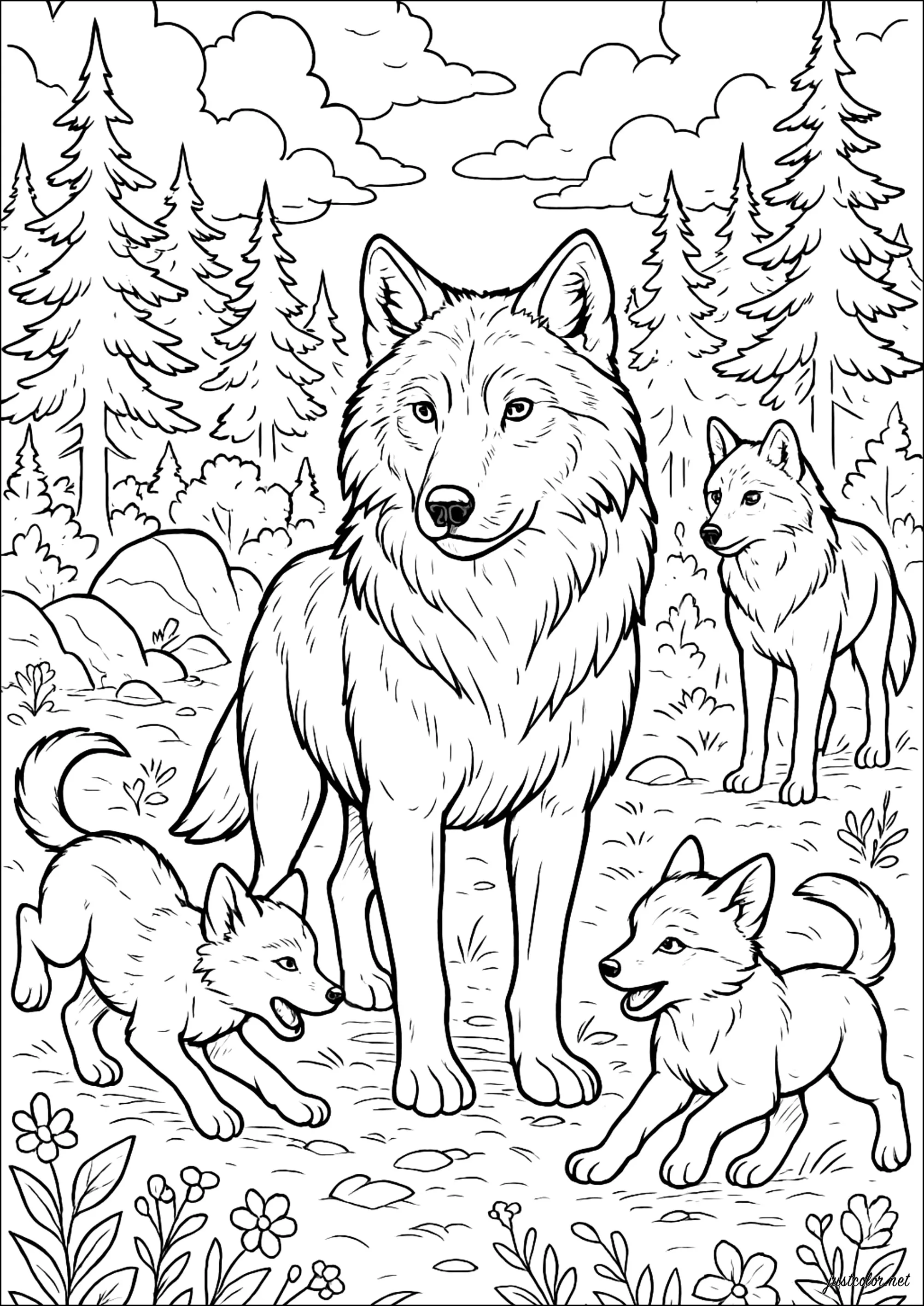 La Meute Majestueuse (Coloriage de Loups à imprimer pour adultes)
