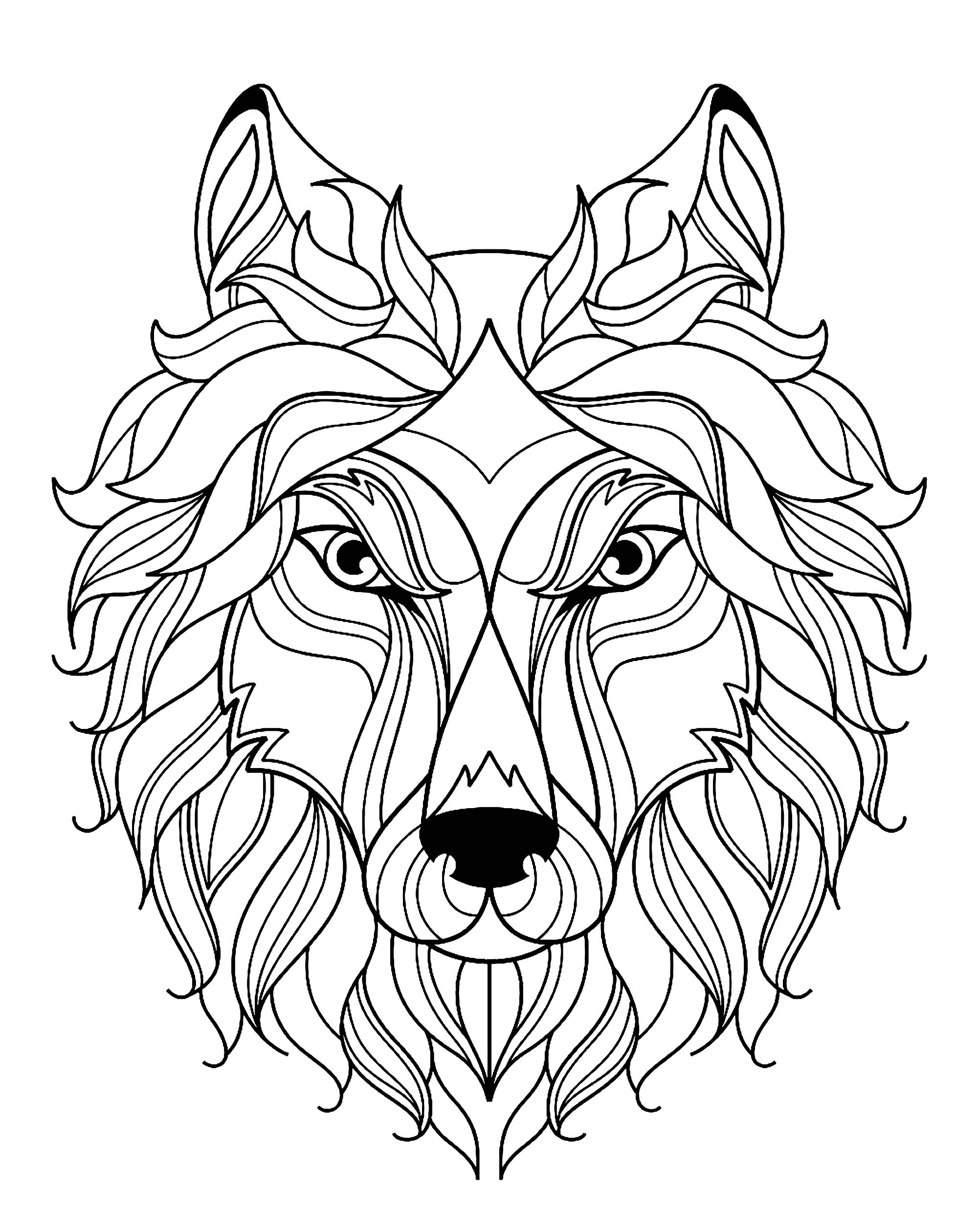 Tete de loup simple - Loups - Coloriages difficiles pour adultes