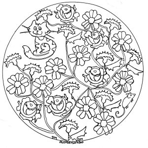 Mandala roses et chat (Coloriage de Domandalas)