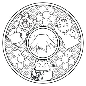 Mandala avec trois Maneki Neko