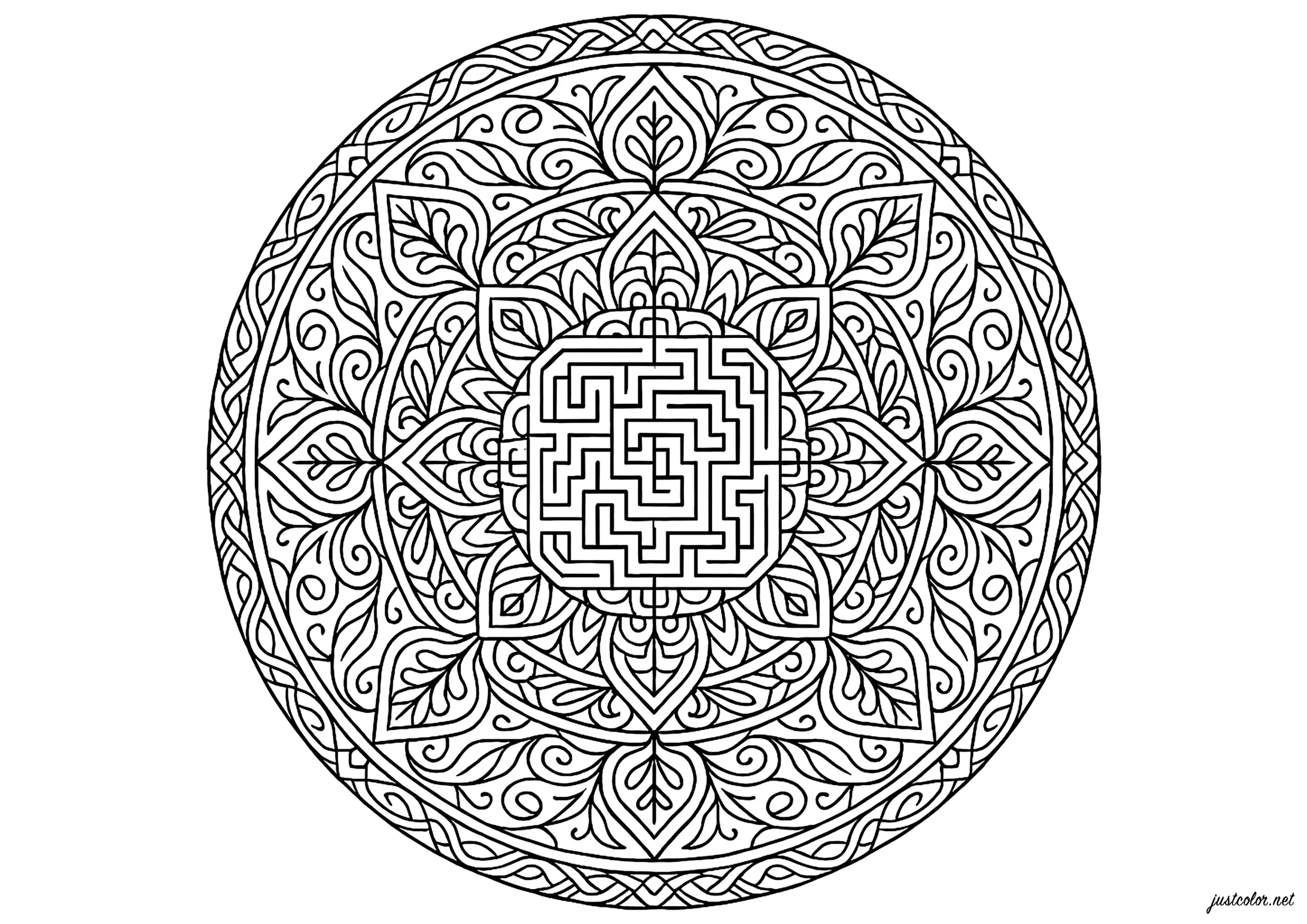 Labyrinthe et feuillage entrelacés (Coloriage de Mandalas à imprimer pour adultes)