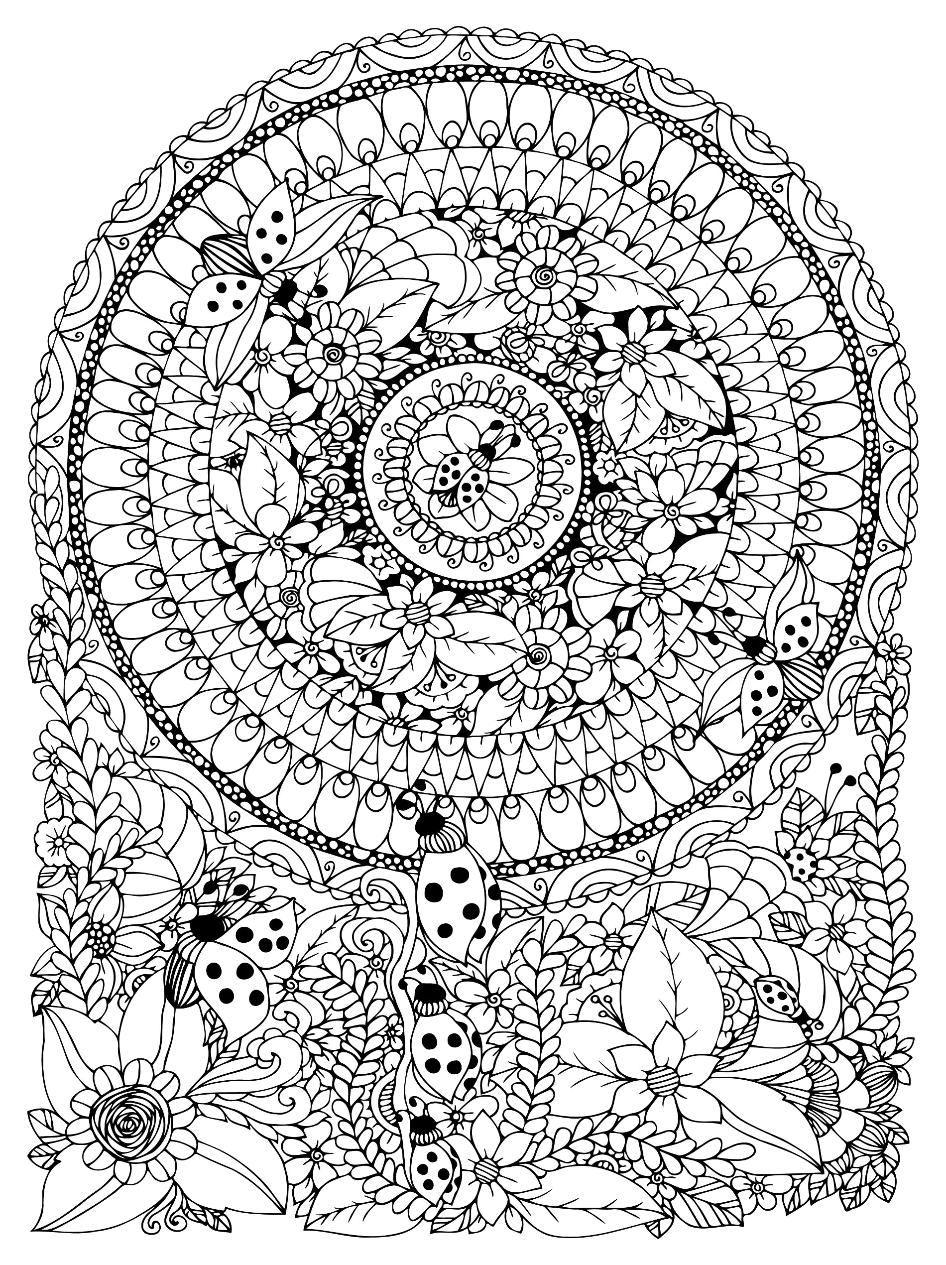 Mandala avec fleurs et coccinelles (Coloriage à imprimer pour adultes)
