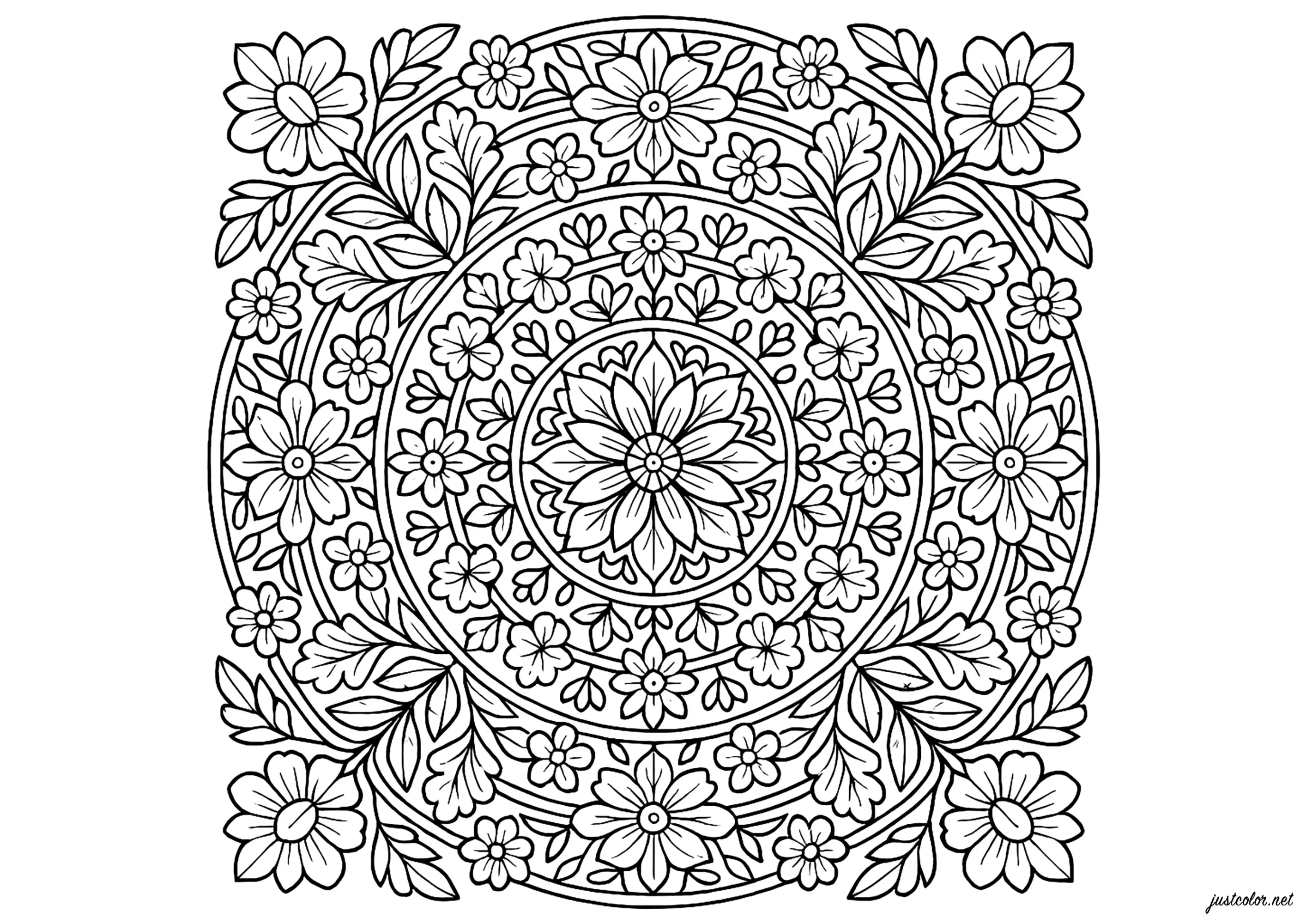 Éclat Floral en Mandala Enchanté (Coloriage à imprimer pour adultes)