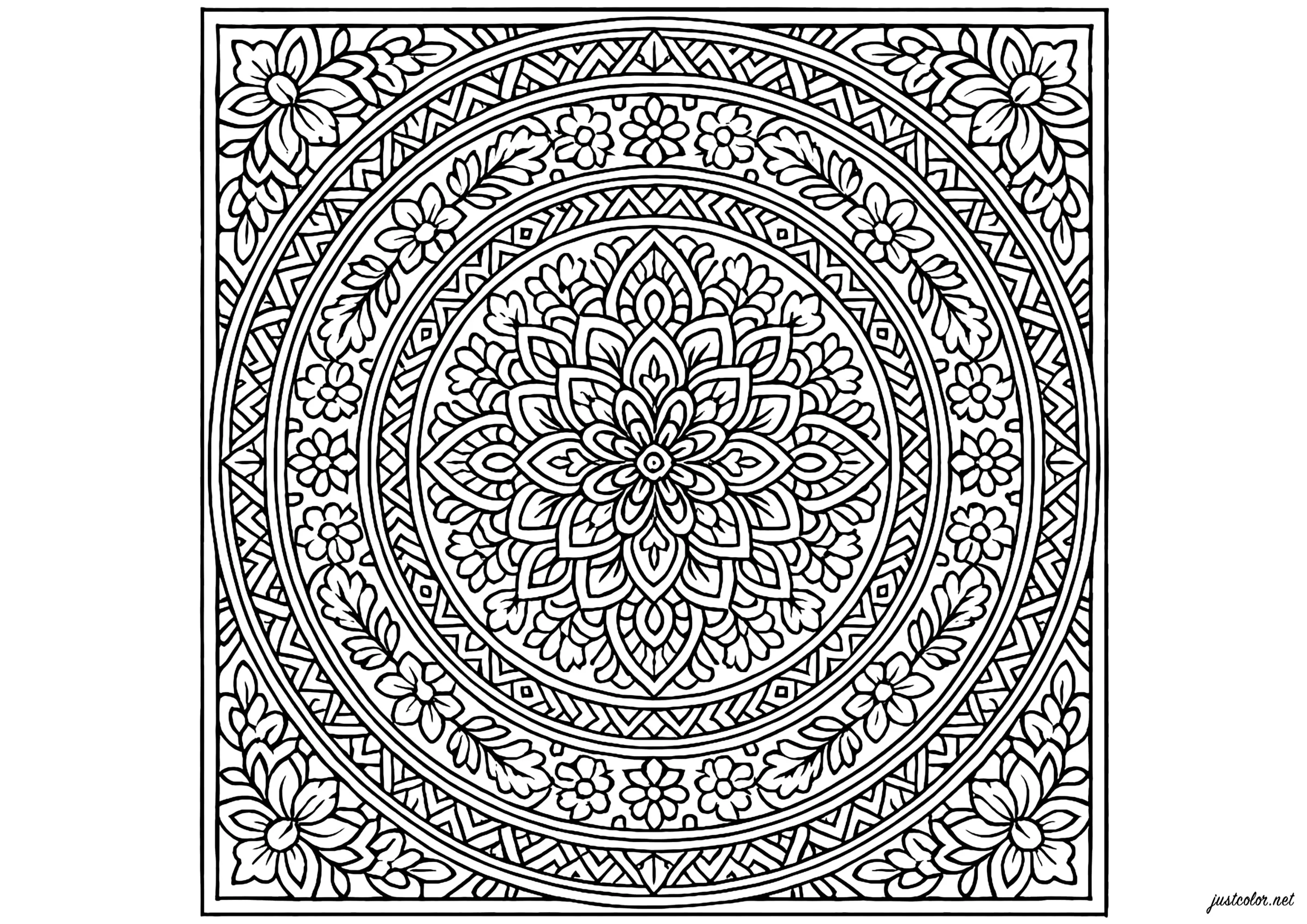 Mandalas de Fleurs et Géométrie (Coloriage à imprimer pour adultes)