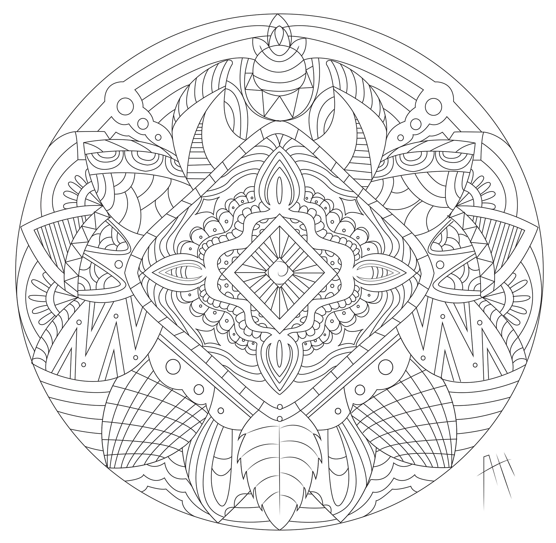 Joli Mandala constitué de fleurs, plumes et feuilles, Artiste : Axelle
