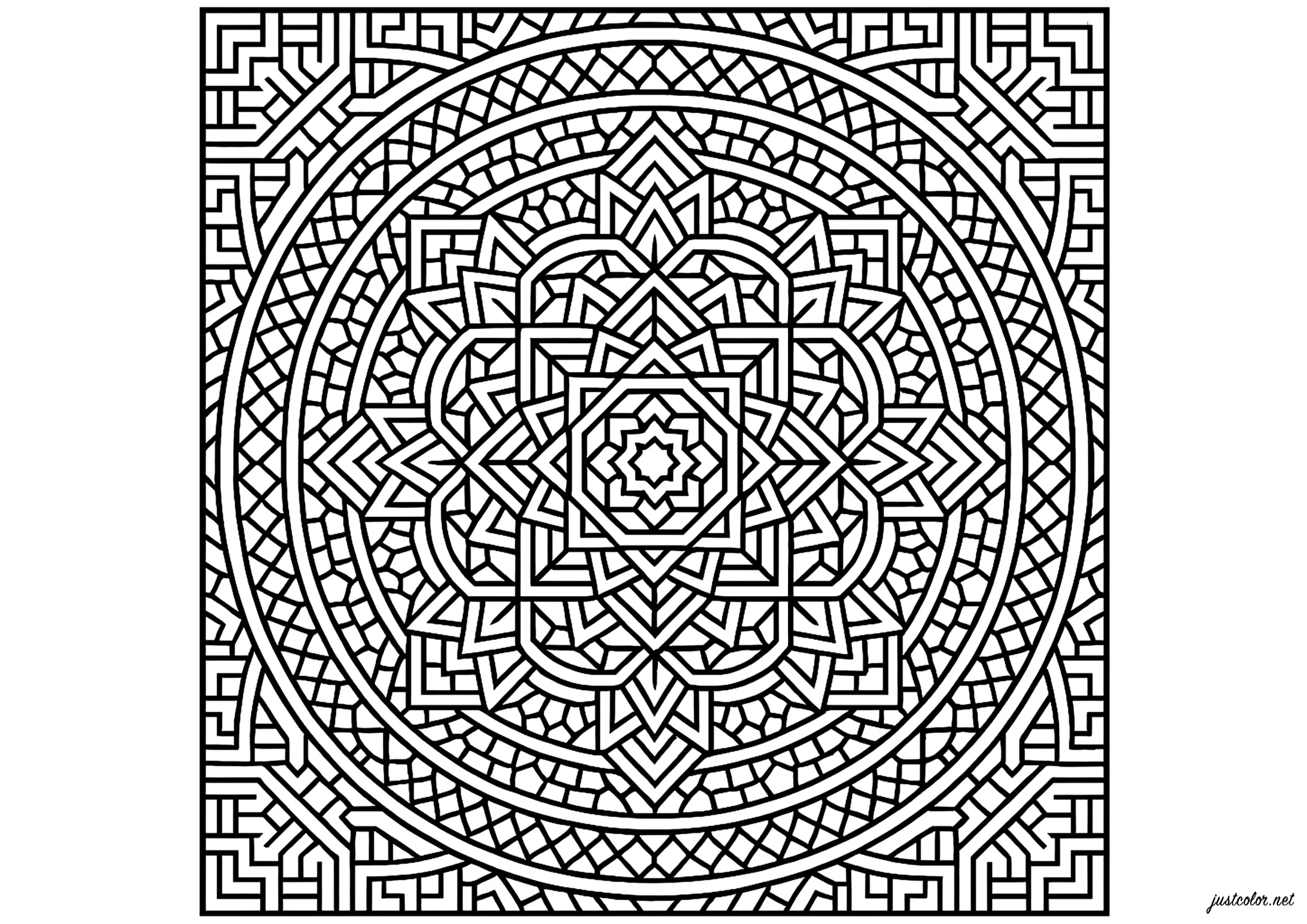 Mandalas géométriques complexes et hypnotiques (Coloriage à imprimer pour adultes)