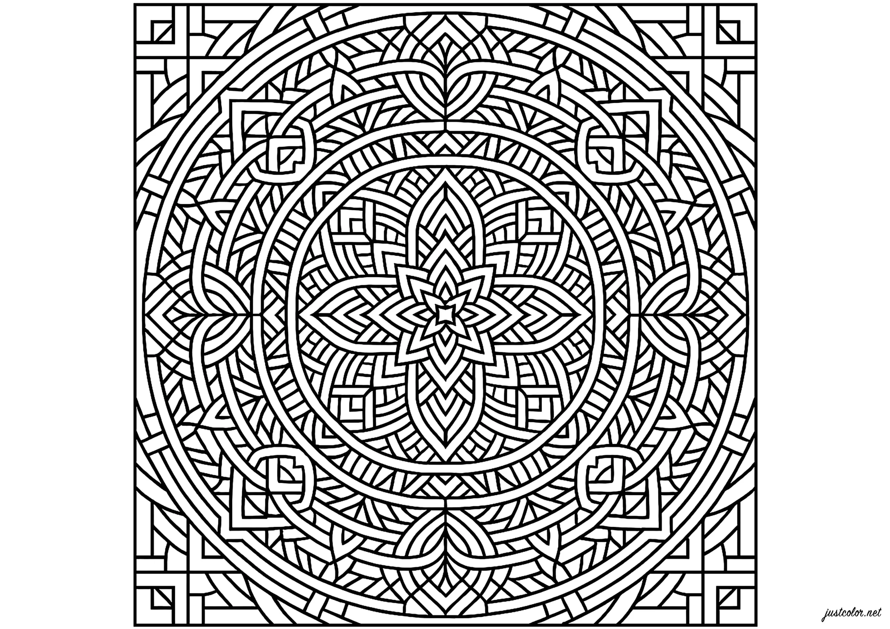 Mandala carré géométrique complexe (Coloriage à imprimer pour adultes)