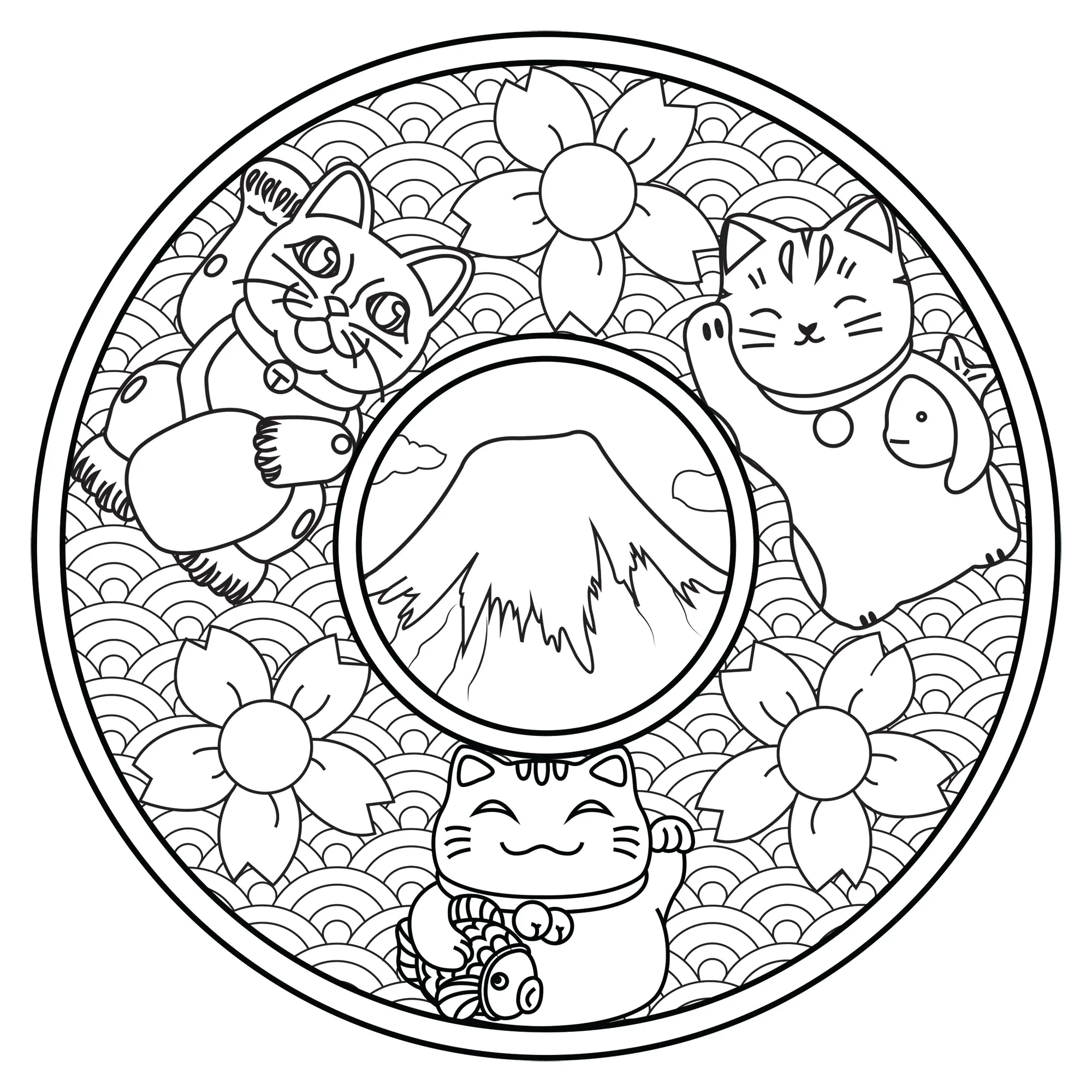 Mandala avec trois Maneki Neko (Coloriage à imprimer pour adultes)