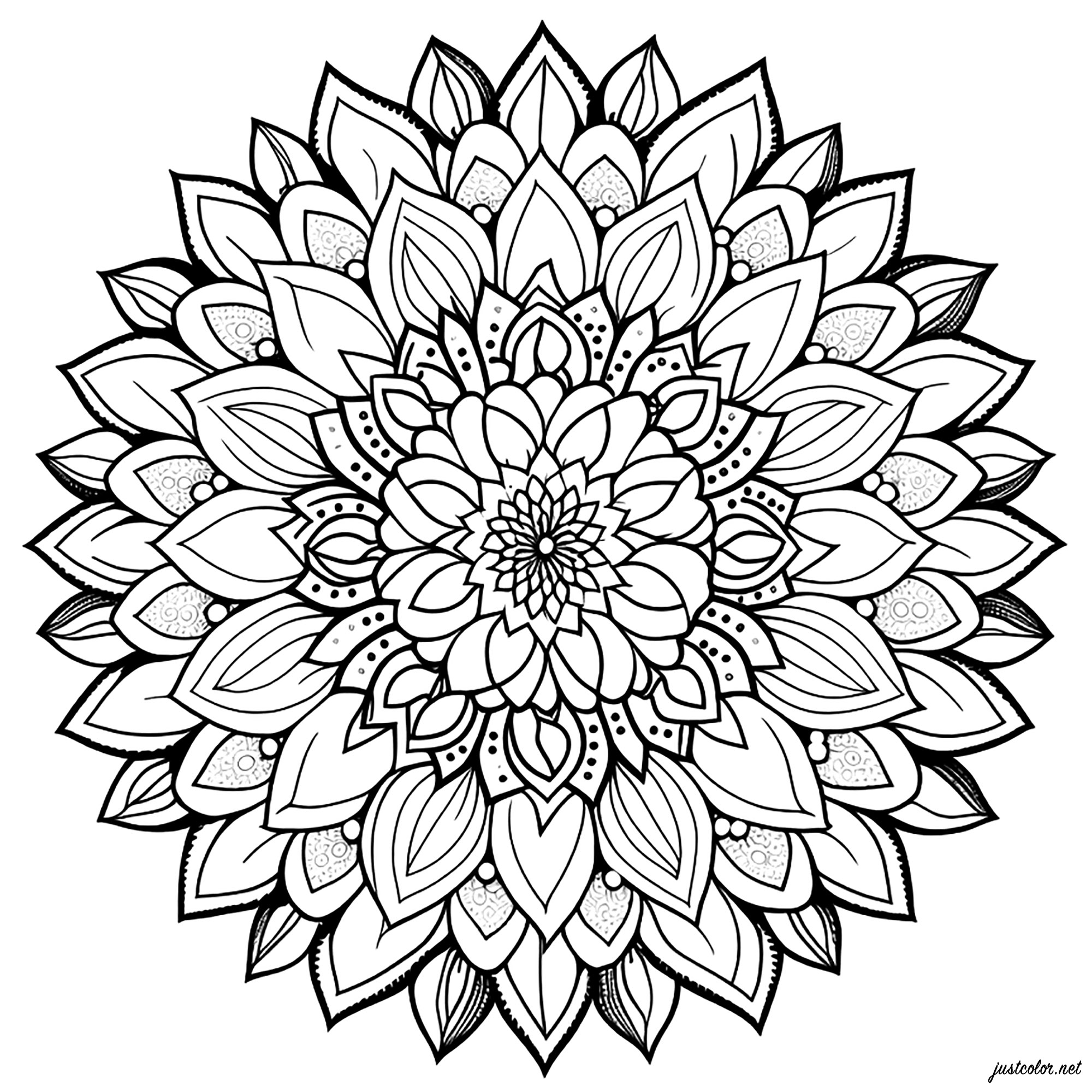Mandala simple avec des pétales. Ce coloriage de mandala simple composé de pétales est très joli et facile à réaliser. Il est composé de fleurs et de pétales de fleurs qui s'emboîtent parfaitement les unes dans les autres.