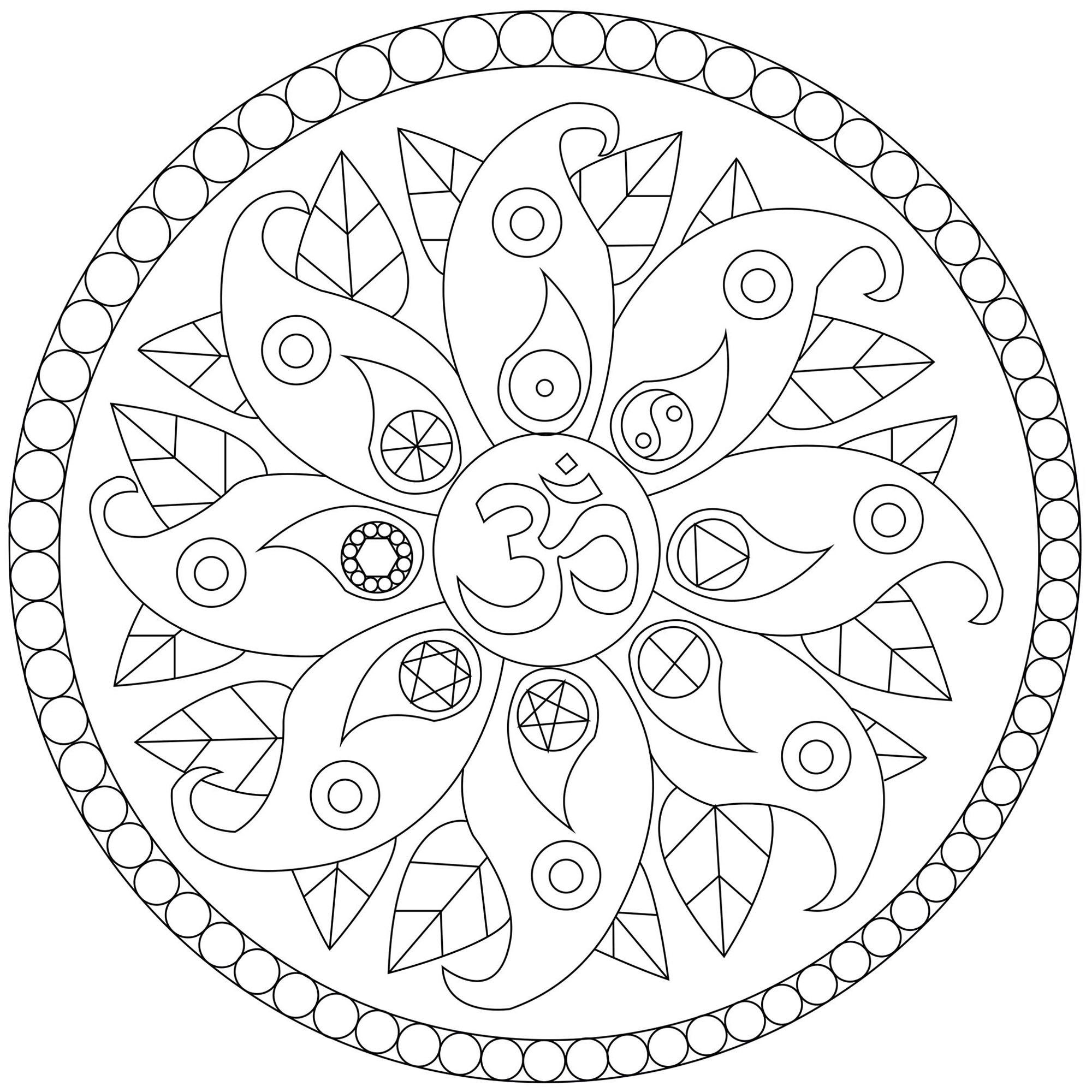 Un joli Mandala assez simple comportant divers symboles de paix : le symbol Om, le Yin et le Yang .., Artiste : Caillou Un joli Mandala assez simple comportant divers symboles de paix : le symbol Om, le Yin et le Yang .., Artiste : Caillou