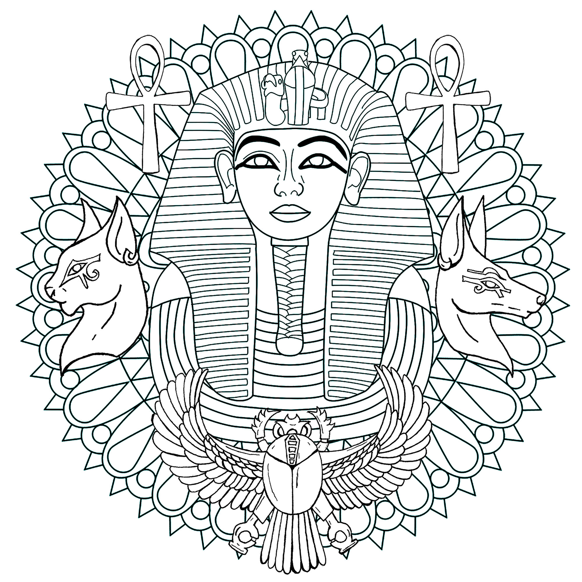 Pharaon de la 18ème dynastie, Toutânkhamon a régné sur l'Égypte antique au 13ème siècle av. J-C. Voici un Mandala dont il est le sujet principal.
