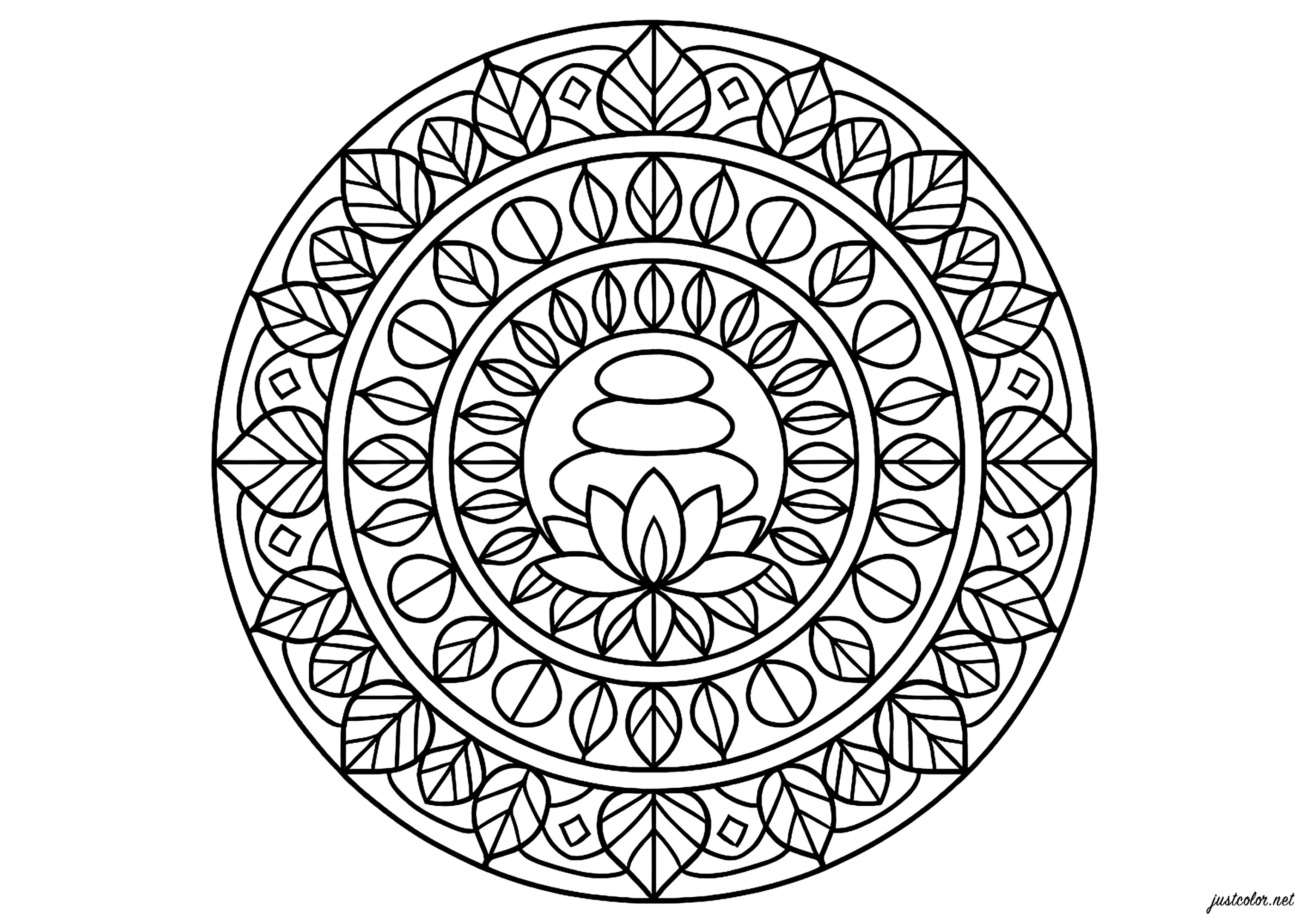 Mandalas Zen : feuilles et pierres (Coloriage à imprimer pour adultes)
