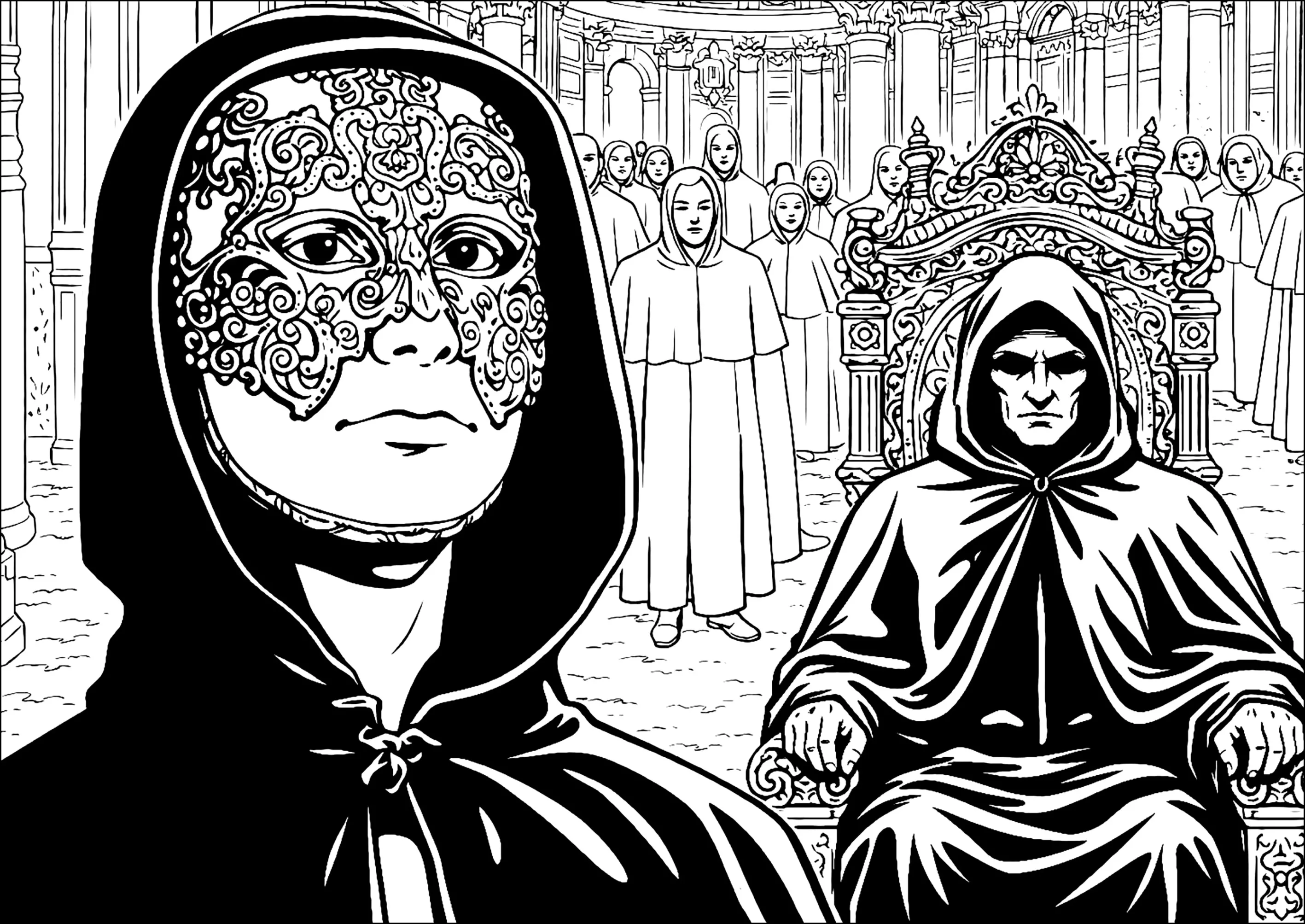 Mélodie mystérieuse des masques (Coloriage de Mandalas à imprimer pour adultes)