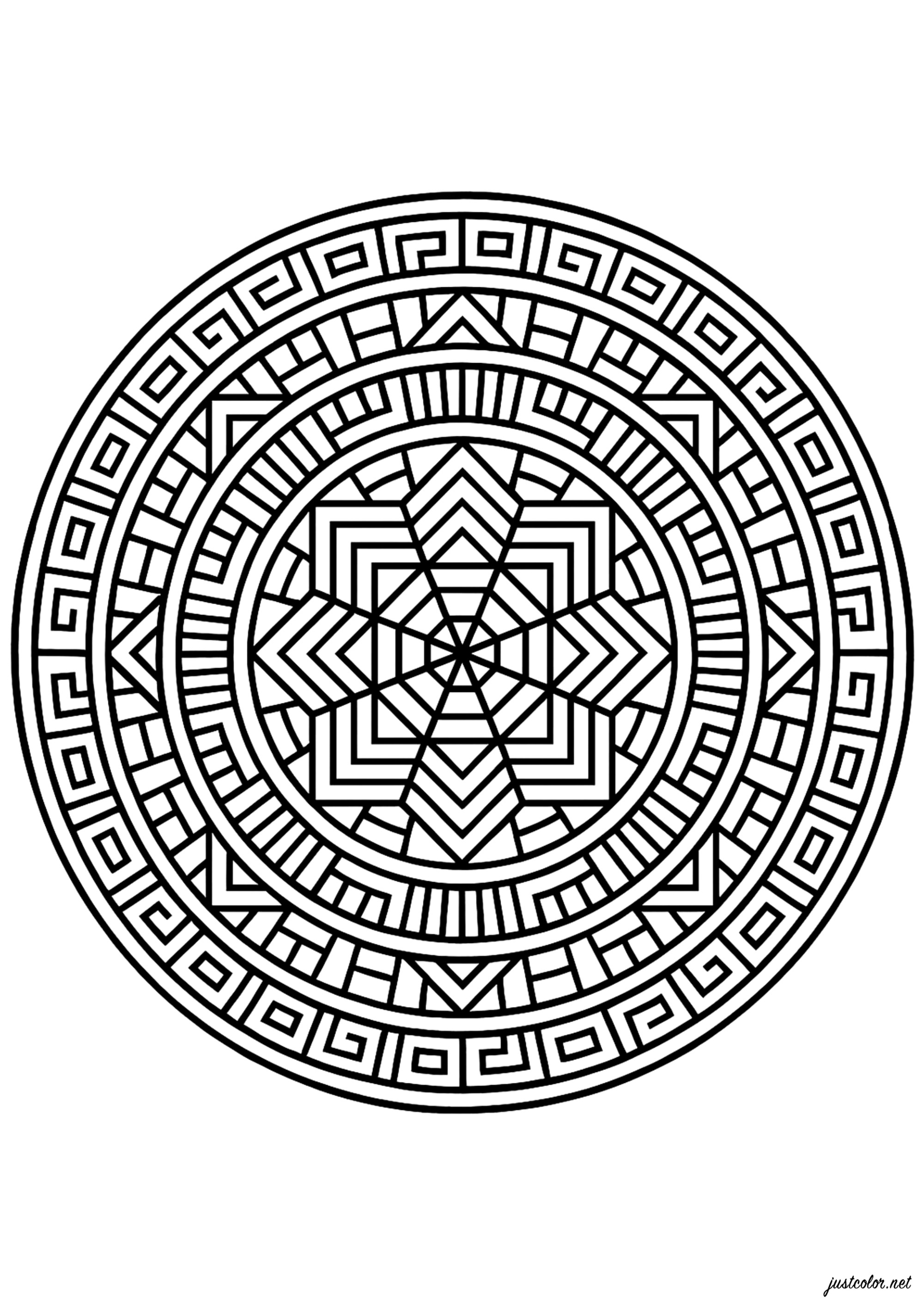 Symétrie hypnotique d'inspiration géométrique (Coloriage de Mandalas à imprimer pour adultes)