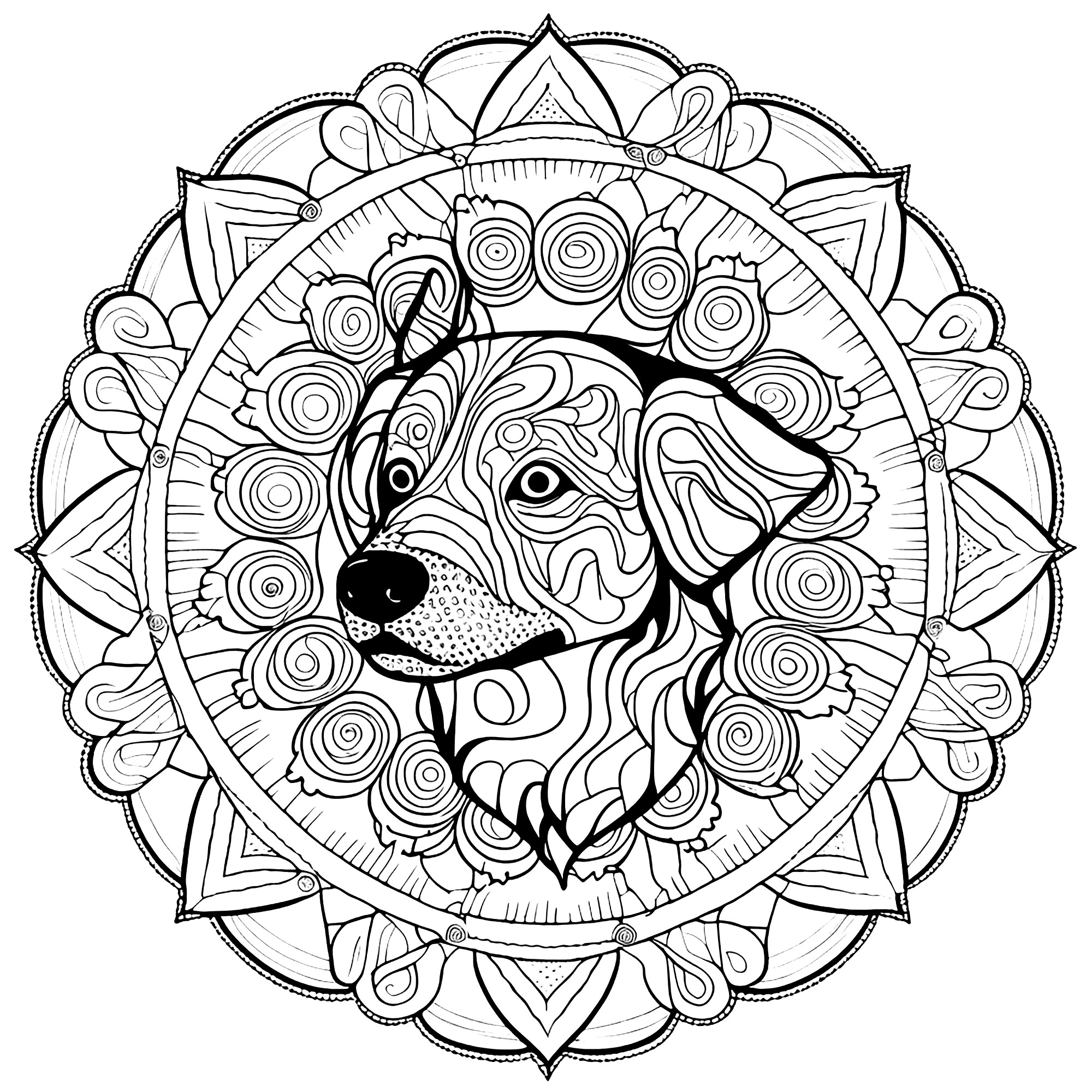 Tête de chien dans un mandala (Coloriage à imprimer pour adultes)