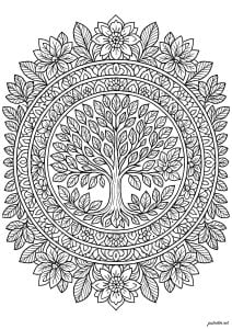 Arbre de vie entouré de fleurs (Coloriage de Mandalas)