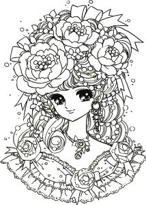 Coloriage adulte fille manga fleurs