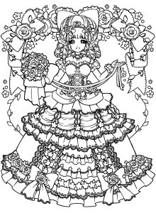 Fille dessinée au style manga, avec jolie robe et motifs