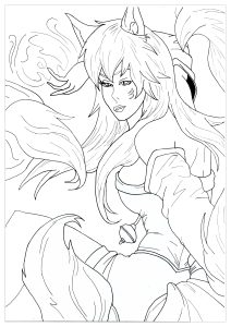 Coloriage de Fille à imprimer pour adultes : Ahri, personnage du jeu vidéo League of Legend