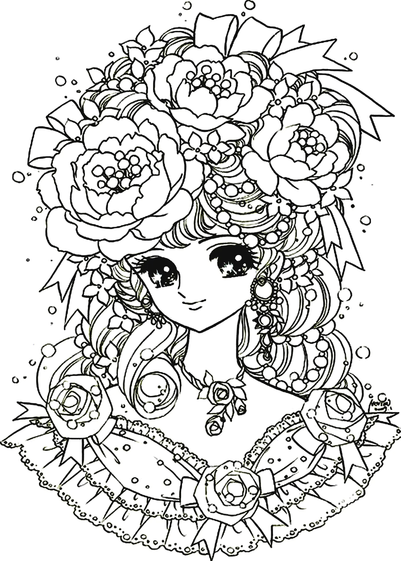 Fille manga fleurs (Coloriage de Mangas / Animés à imprimer pour adultes)