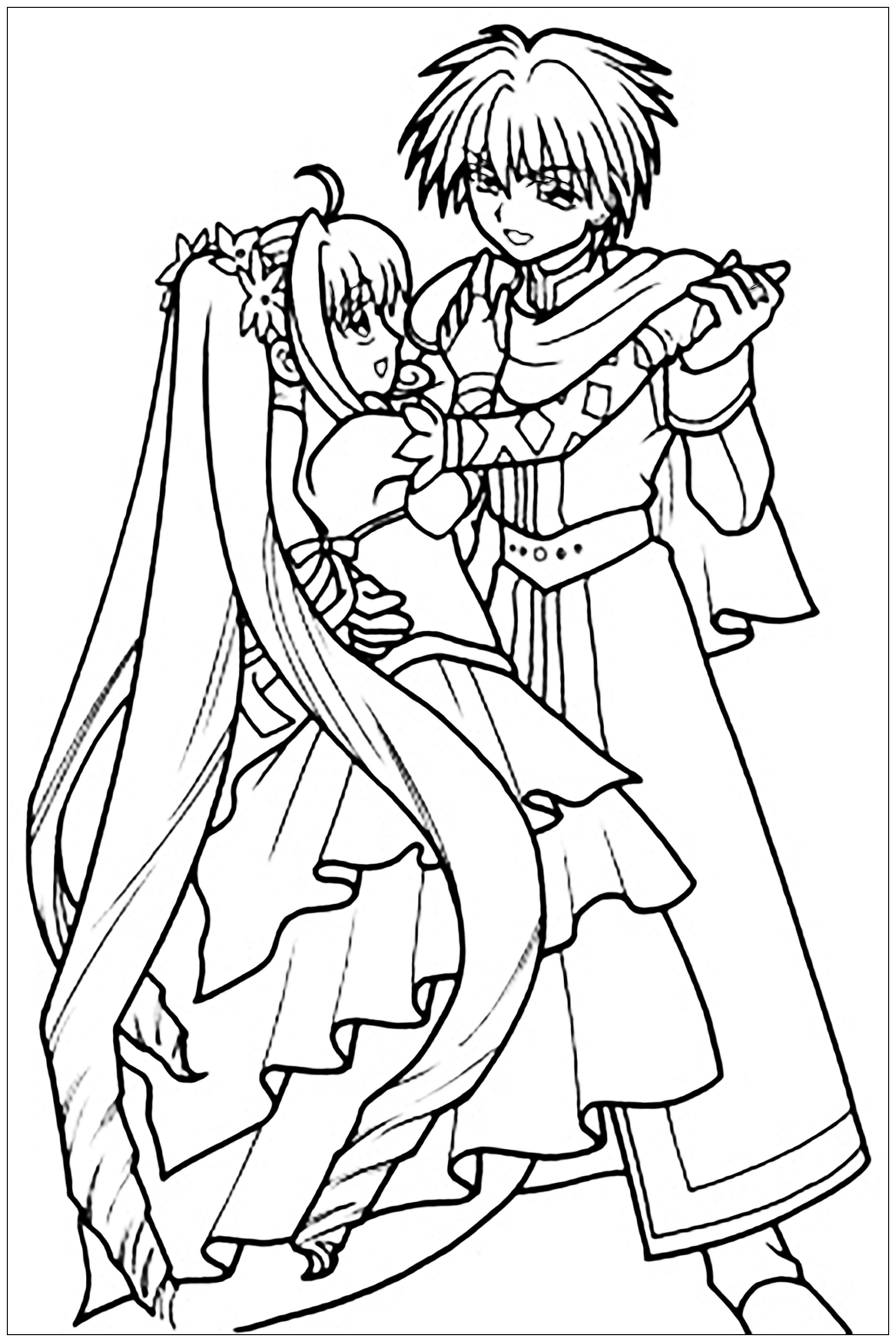 Un dessin au style Manga d'une jeune fille et d'un jeune garçon en train de danser, en tenue de bal