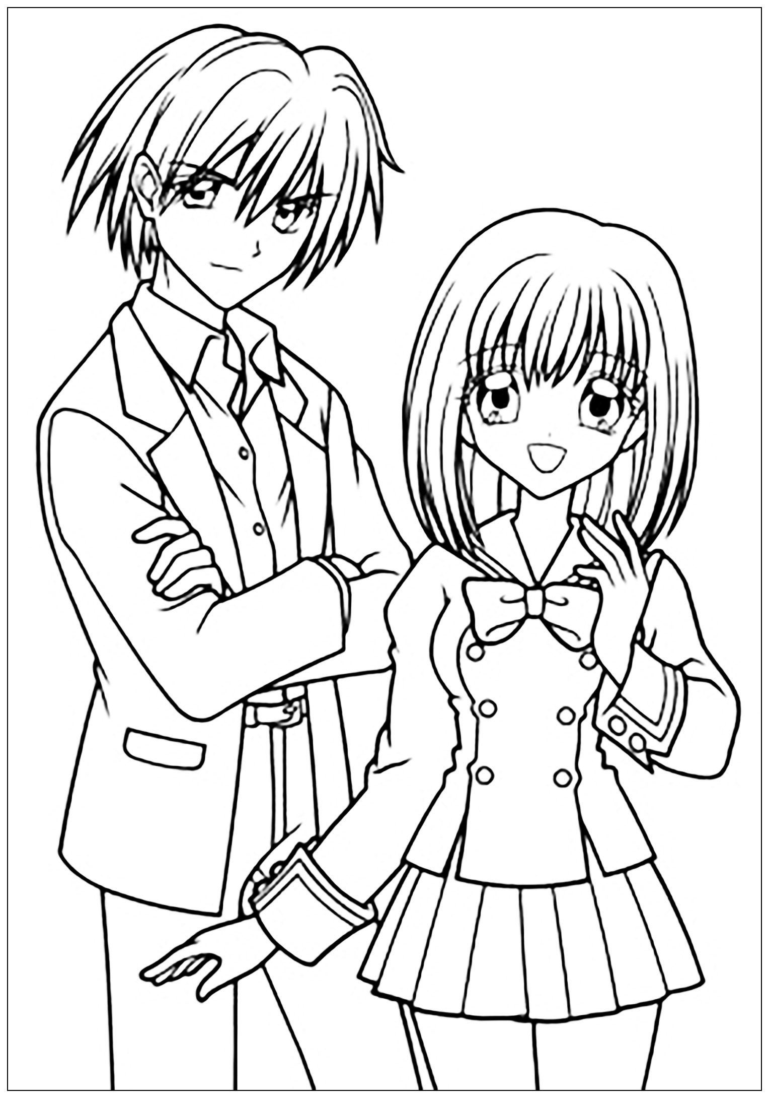 Garçon et Fille dessinés au style Manga, en tenue scolaire