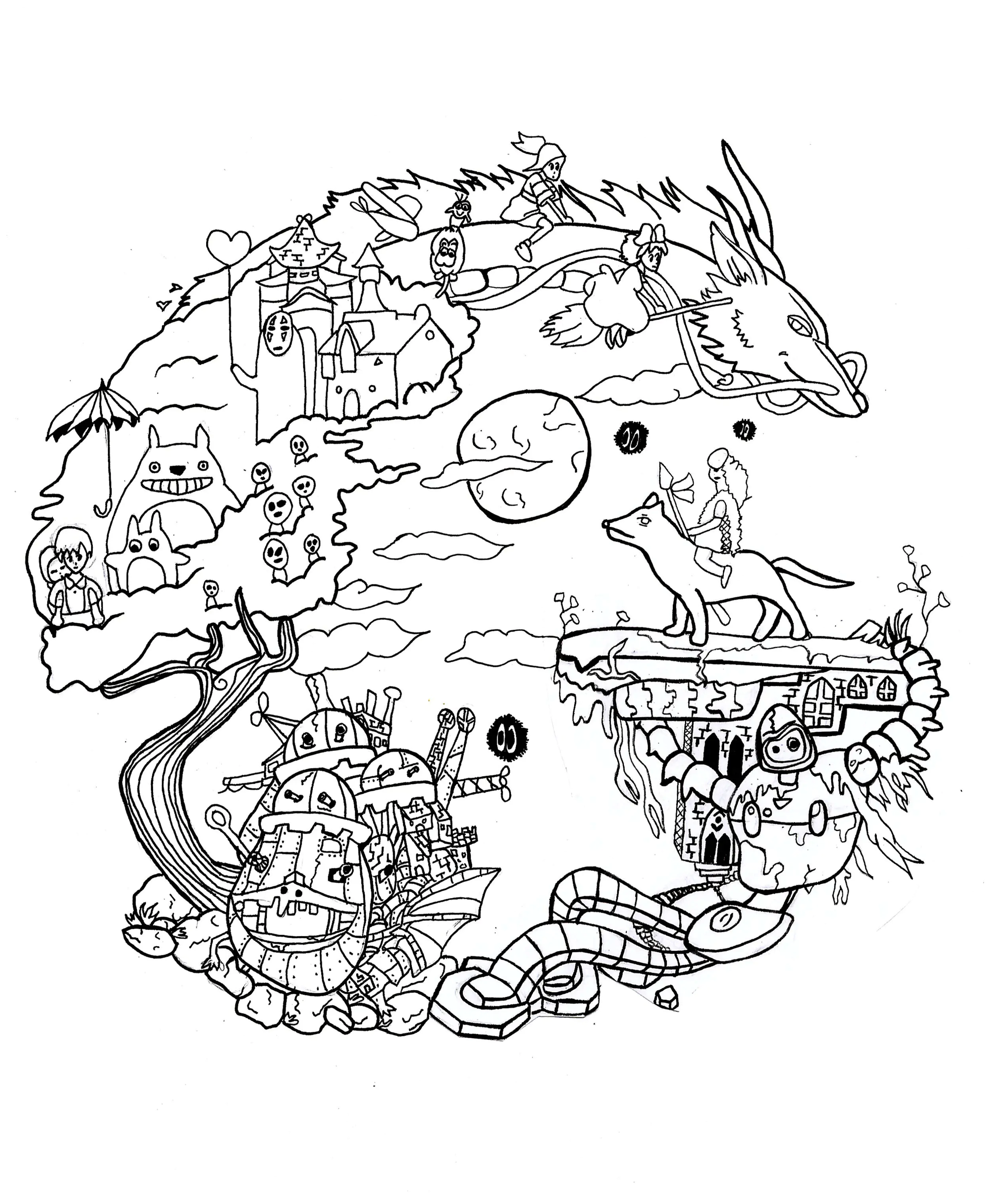Coloriage d'une reproduction d'un fanart du studio Ghibli. (Mangas / Animés)