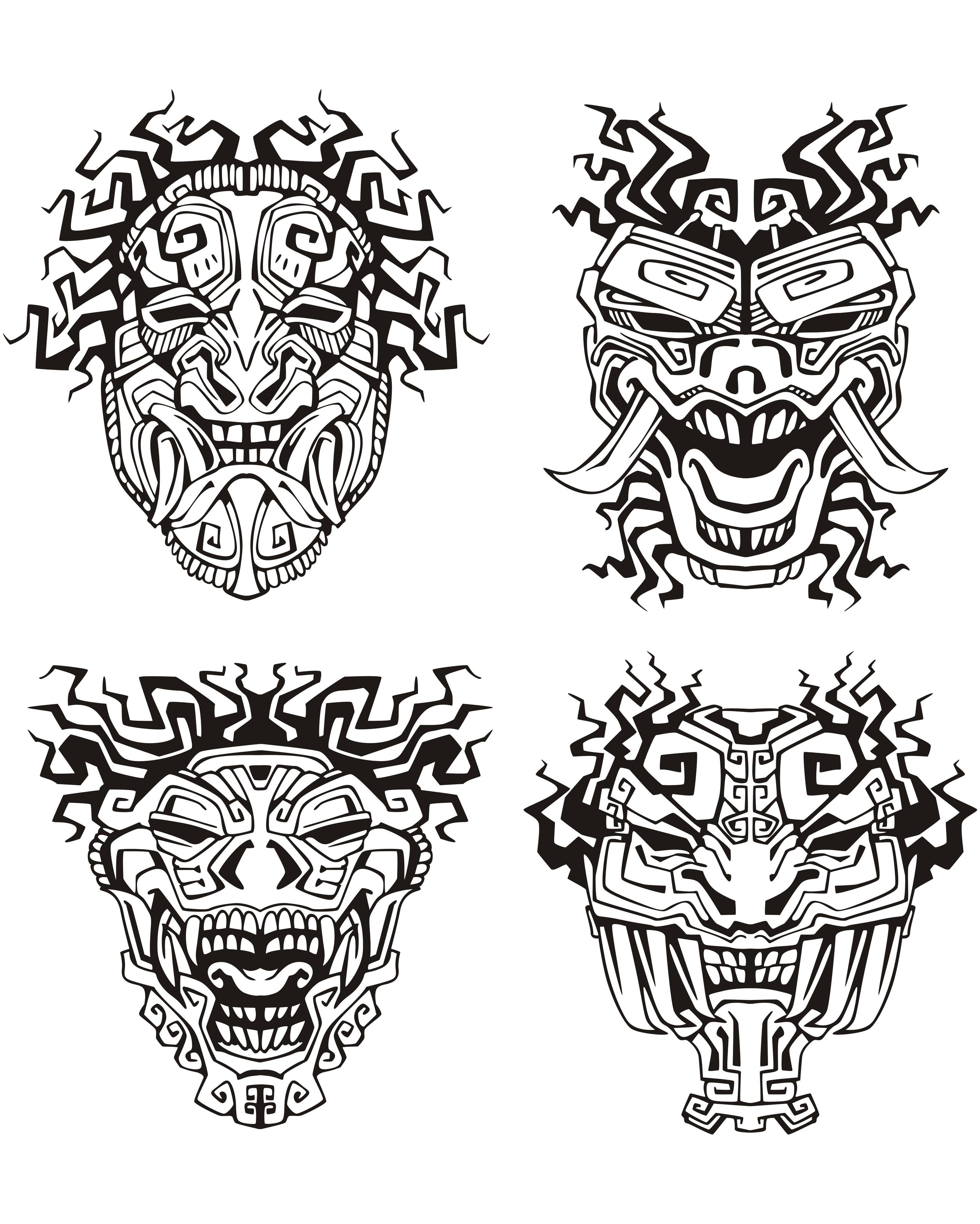 coloriage adulte masques inspiration inca maya azteque free to print